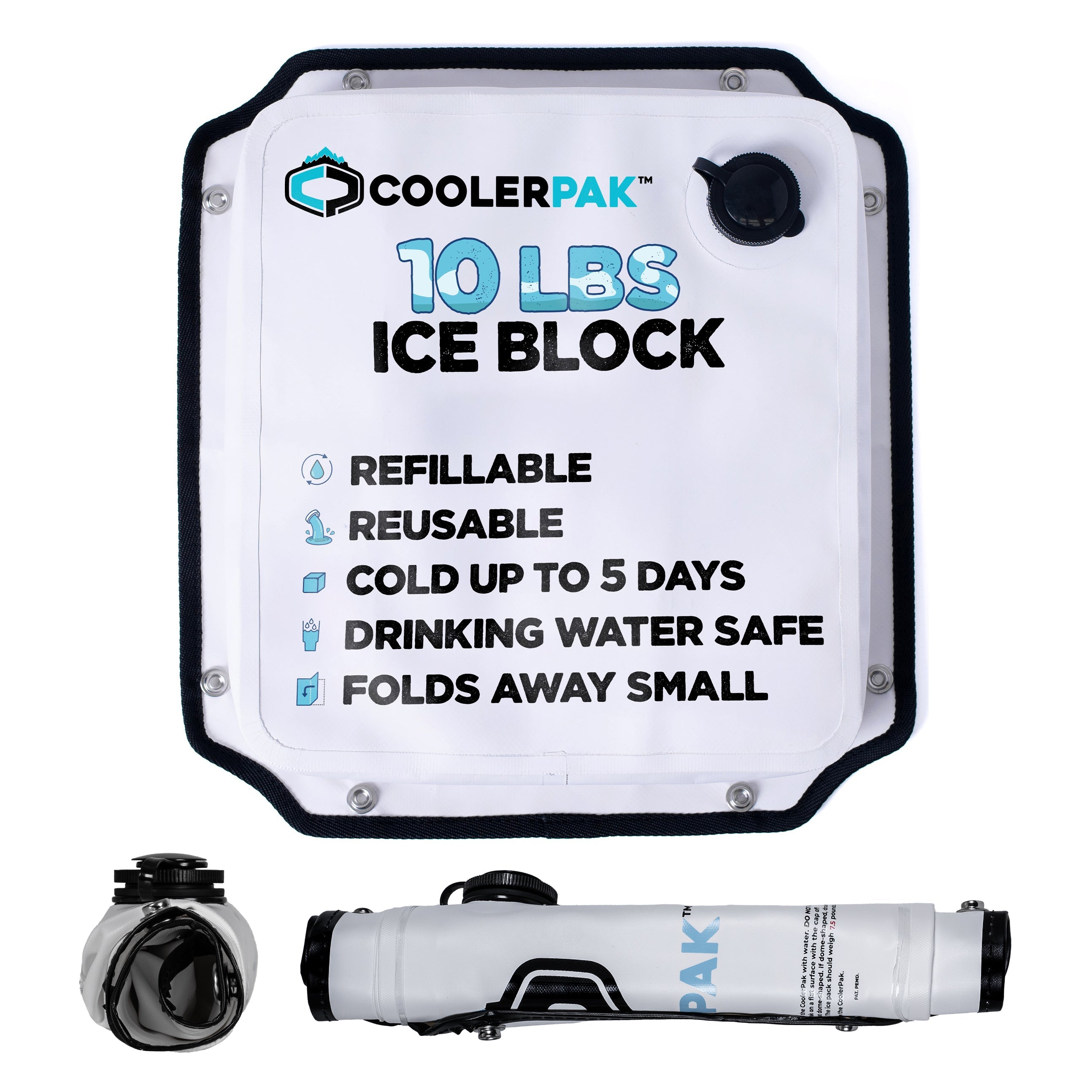 CoolerPak Ice Pack -Refillable Reusable  – Cold for Days – Non-Toxic, Leakproof, Potable Drinking Water Safe – Built Tough, Rolls Up for Storage