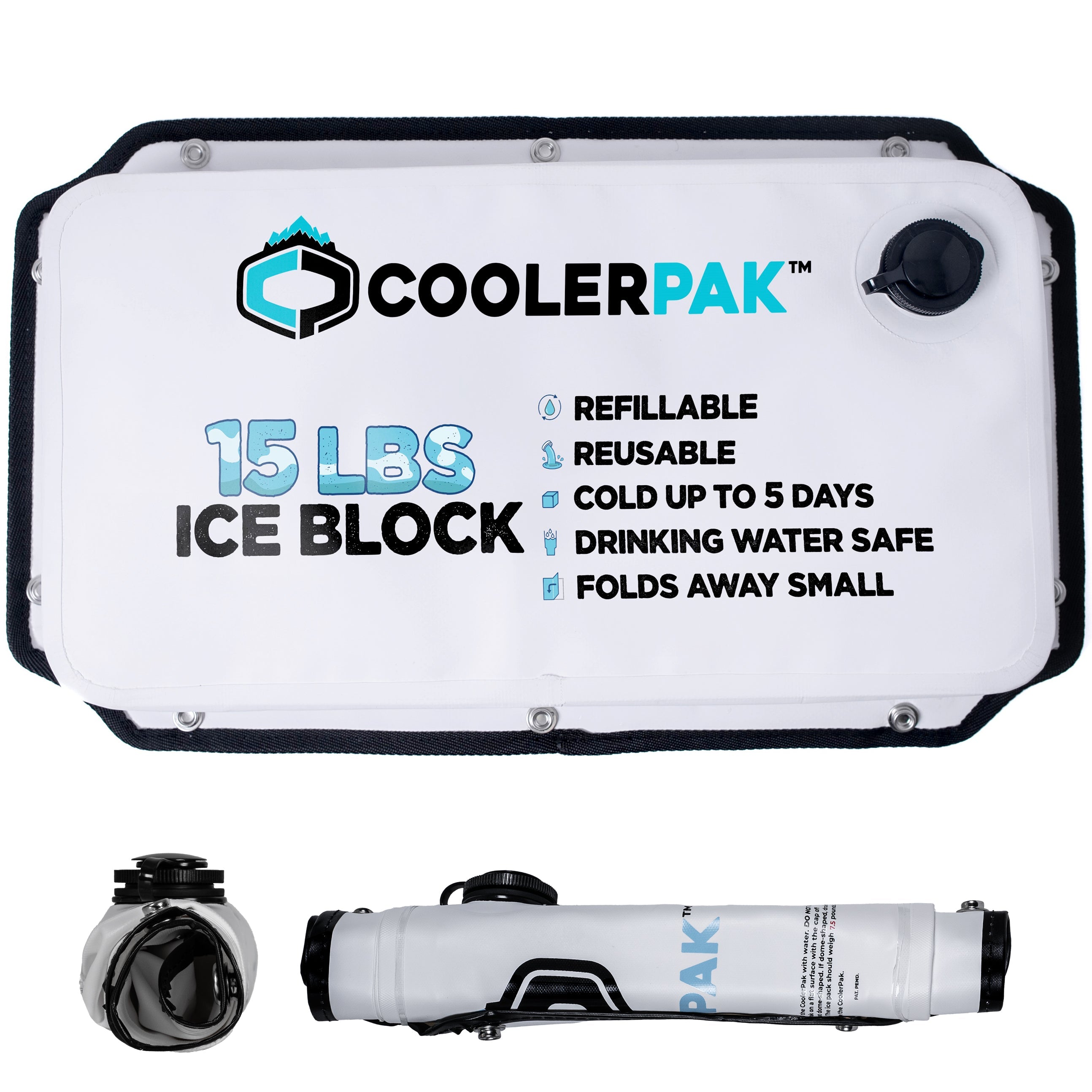 CoolerPak Ice Pack -Refillable Reusable  – Cold for Days – Non-Toxic, Leakproof, Potable Drinking Water Safe – Built Tough, Rolls Up for Storage