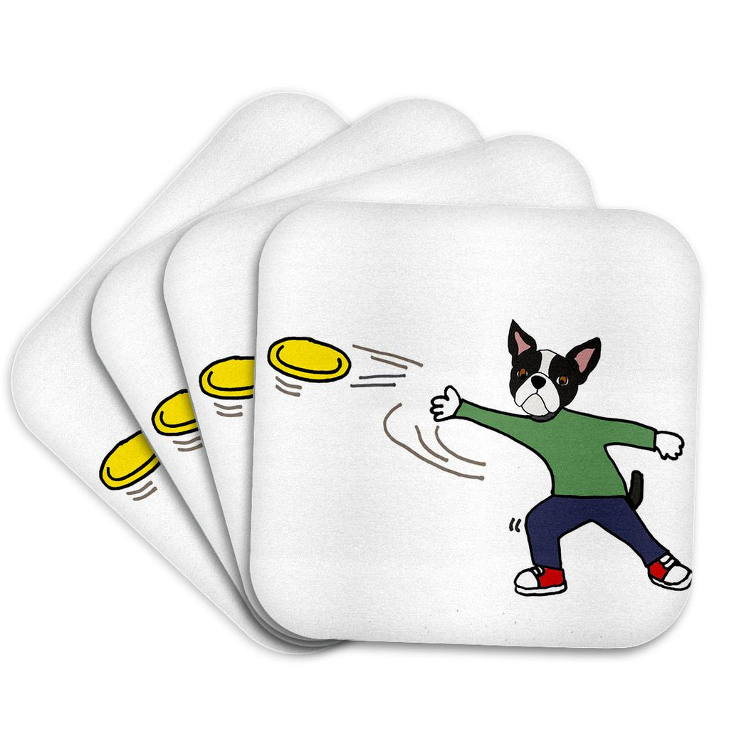 3dRose All Smiles Art Pets - Funny Cool Boston Terrier Dog Throwing Frisbee Cartoon - Coasters