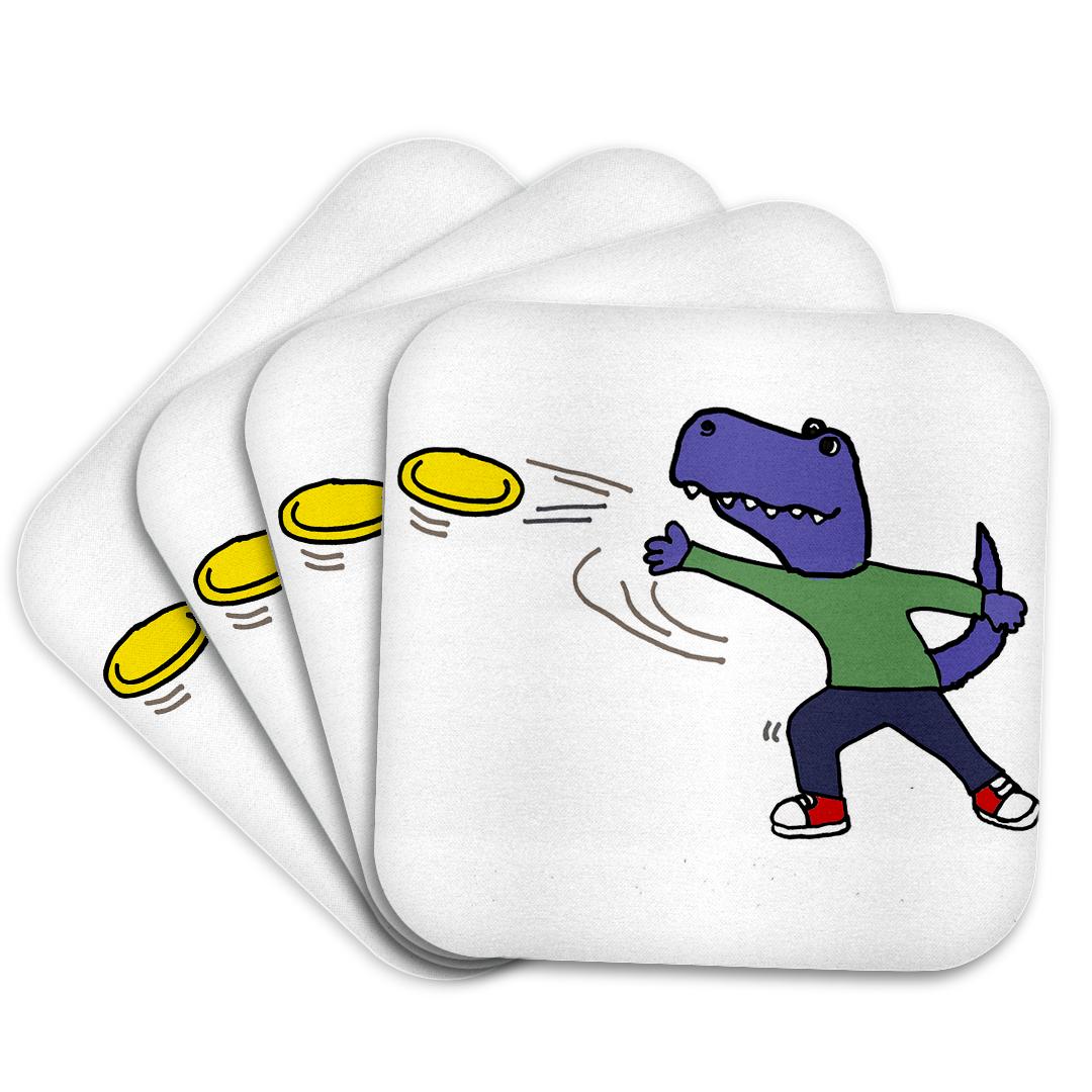 3dRose All Smiles Art Sports and Hobbies - Funny Cool T-rex Dinosaur Throwing Frisbee Cartoon - Coasters