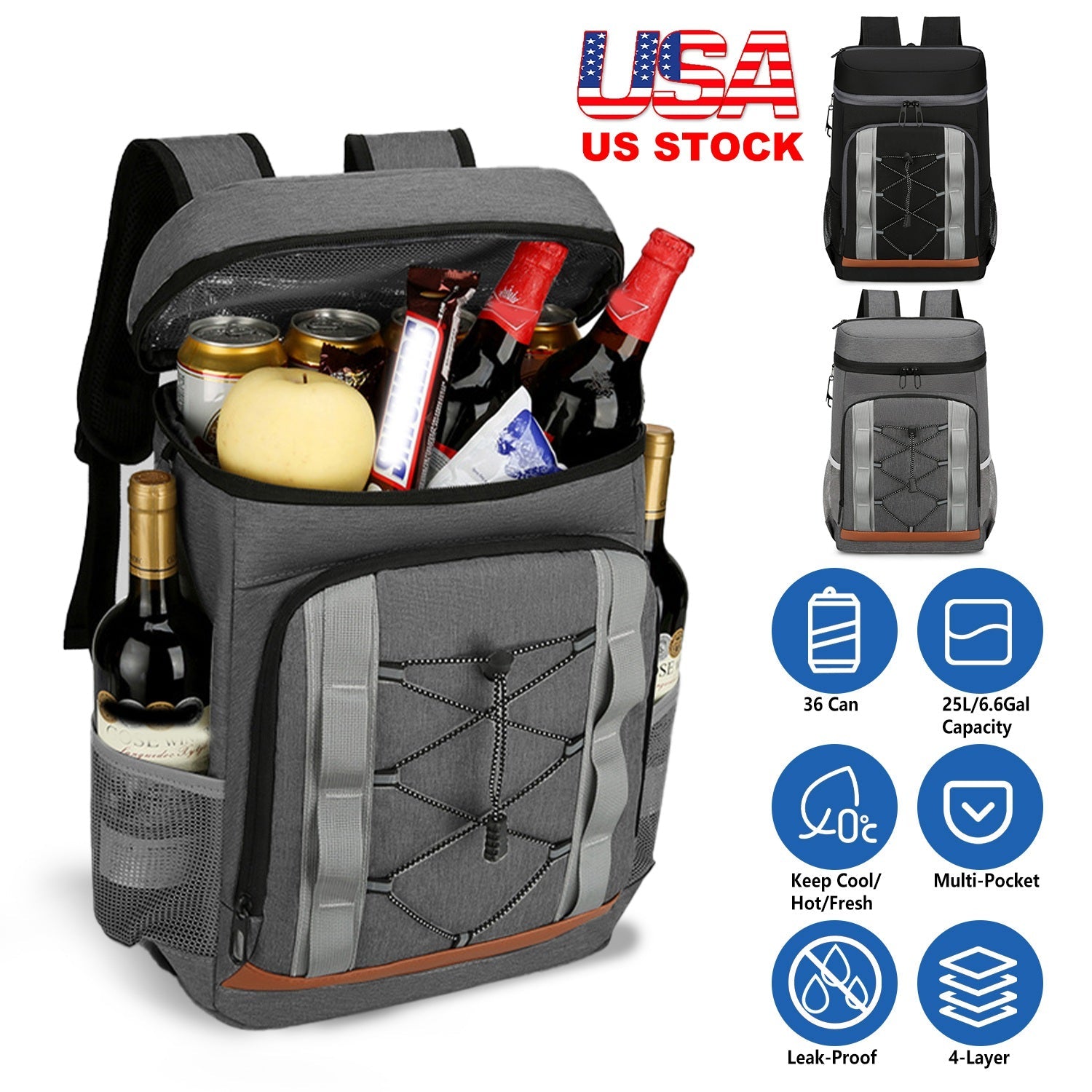 Cooler Backpack 36 Can Leakproof Insulated Cooler Backpack with 25L/6.6Gal for Picnic Camping Beach Hiking Fishing Travel