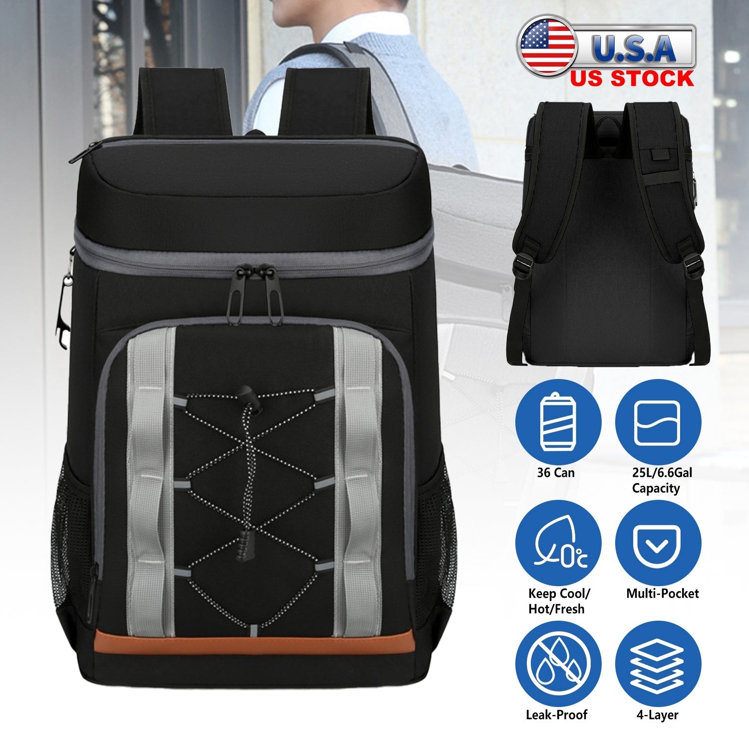 Cooler Backpack 36 Can Leakproof Insulated Cooler Backpack with 25L/6.6Gal for Picnic Camping Beach Hiking Fishing Travel