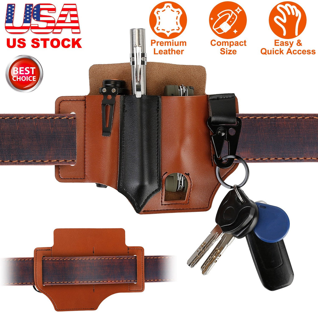 Multi-tool Sheath for Belt Leather EDC Pocket Organizer for Men EDC Leather Pouch Flashlight Sheath