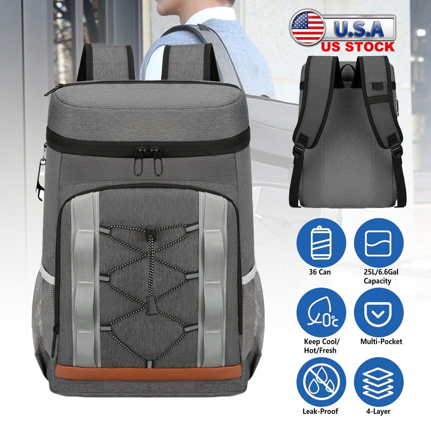 Cooler Backpack 36 Can Leakproof Insulated Cooler Backpack with 25L/6.6Gal for Picnic Camping Beach Hiking Fishing Travel