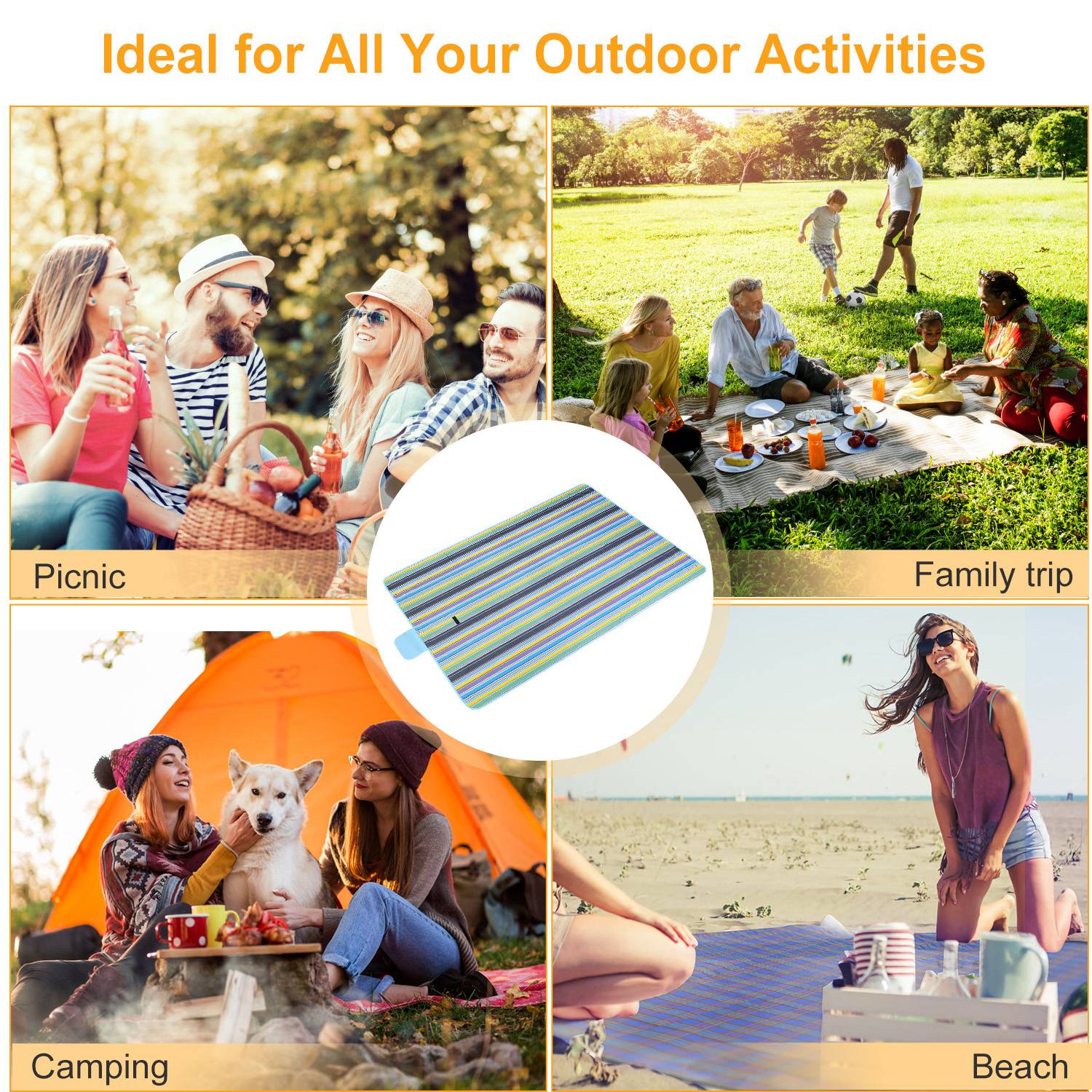 60" x 78" Waterproof Picnic Blanket Handy Mat with Strap Foldable Camping Rug for Camping Hiking Grass Travelling