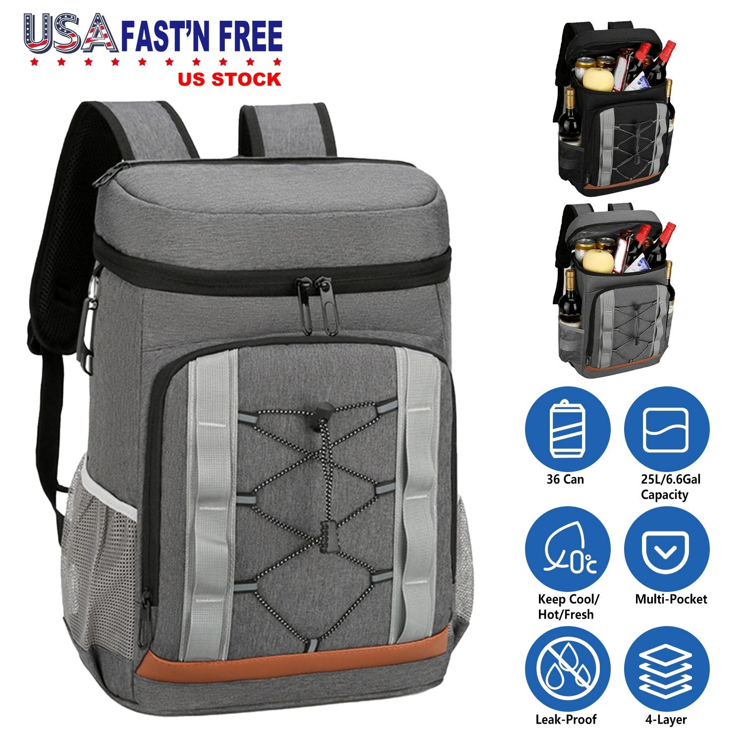 Cooler Backpack 36 Can Leakproof Insulated Cooler Backpack with 25L/6.6Gal for Picnic Camping Beach Hiking Fishing Travel