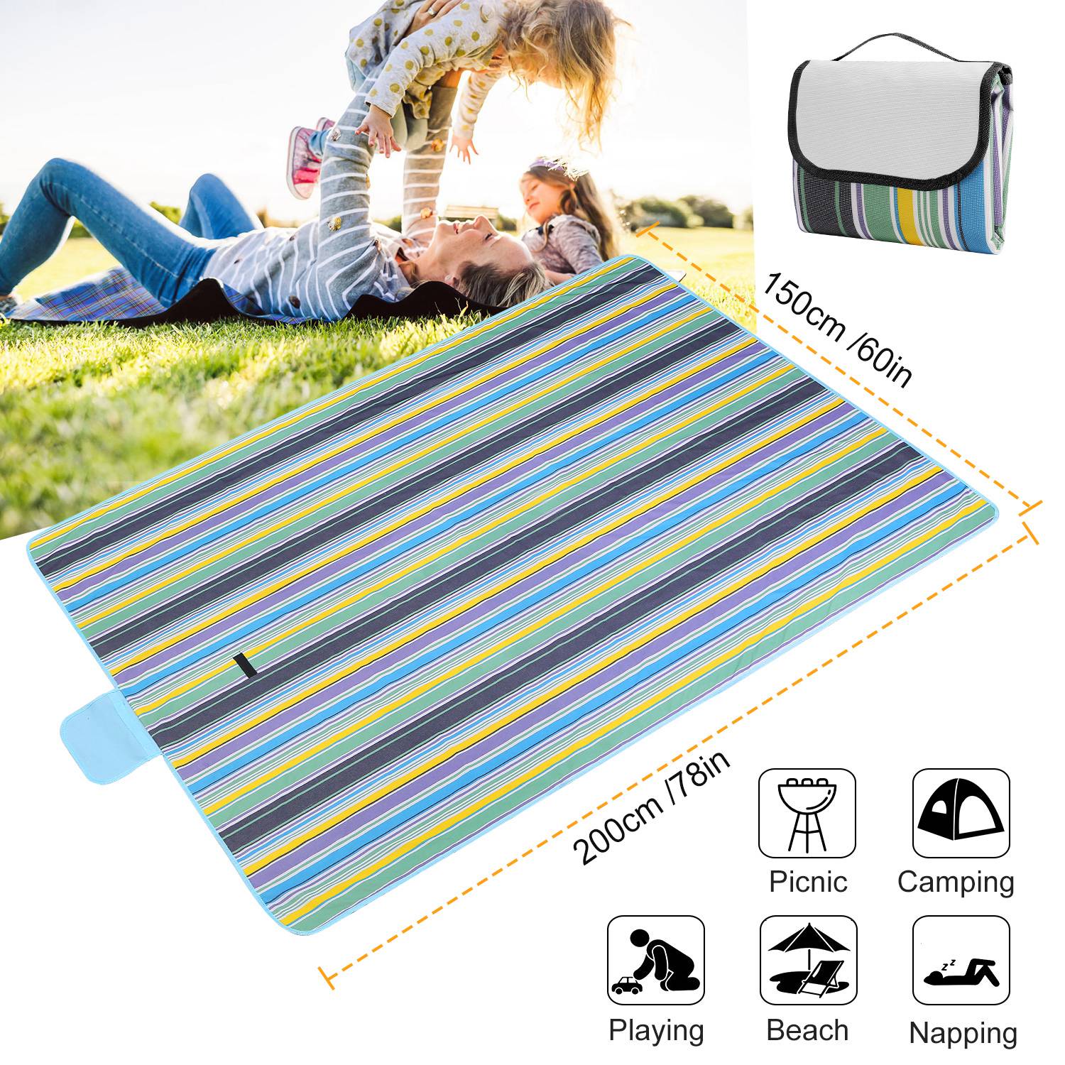 60" x 78" Waterproof Picnic Blanket Handy Mat with Strap Foldable Camping Rug for Camping Hiking Grass Travelling