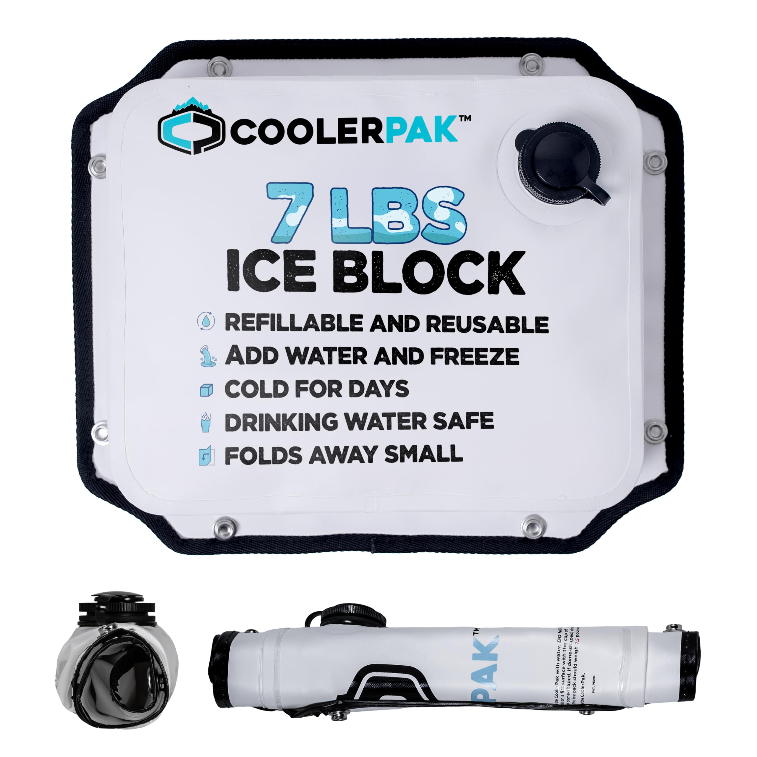 CoolerPak Ice Pack -Refillable Reusable  – Cold for Days – Non-Toxic, Leakproof, Potable Drinking Water Safe – Built Tough, Rolls Up for Storage