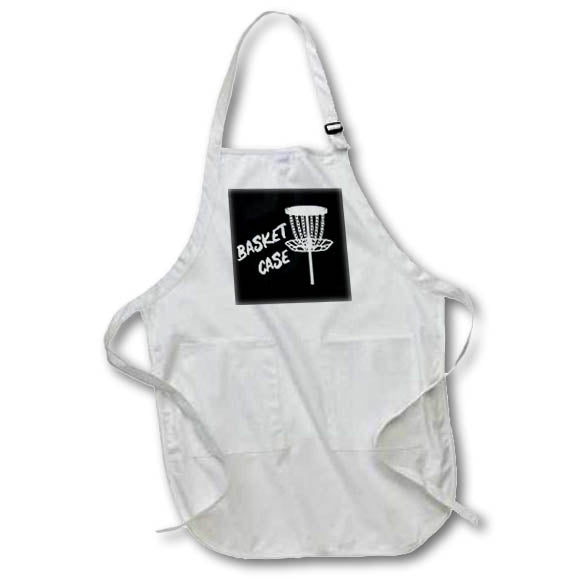 Apron - Basket case written near a white disc golf basket on black background. Stamp City - typography - disc golf
