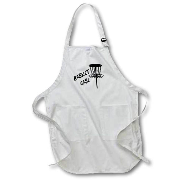 Apron - Basket case written near a black disc golf basket on white background. Stamp City - typography - disc golf