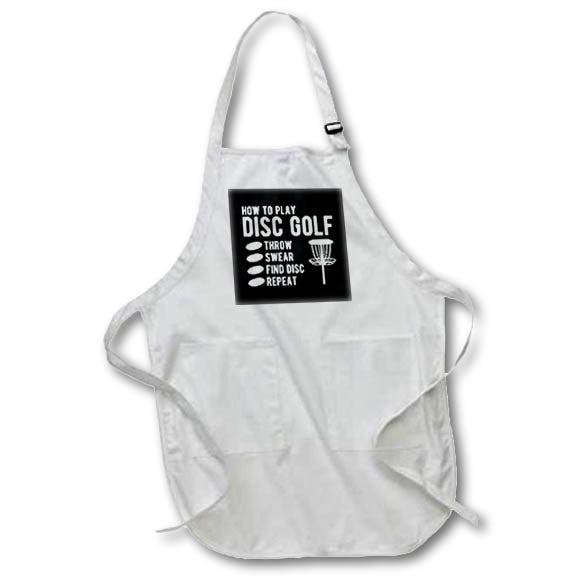 Apron - How to Play Disc Golf Throw Curse Find disc Repeat. White on black. Stamp City - typography - disc golf