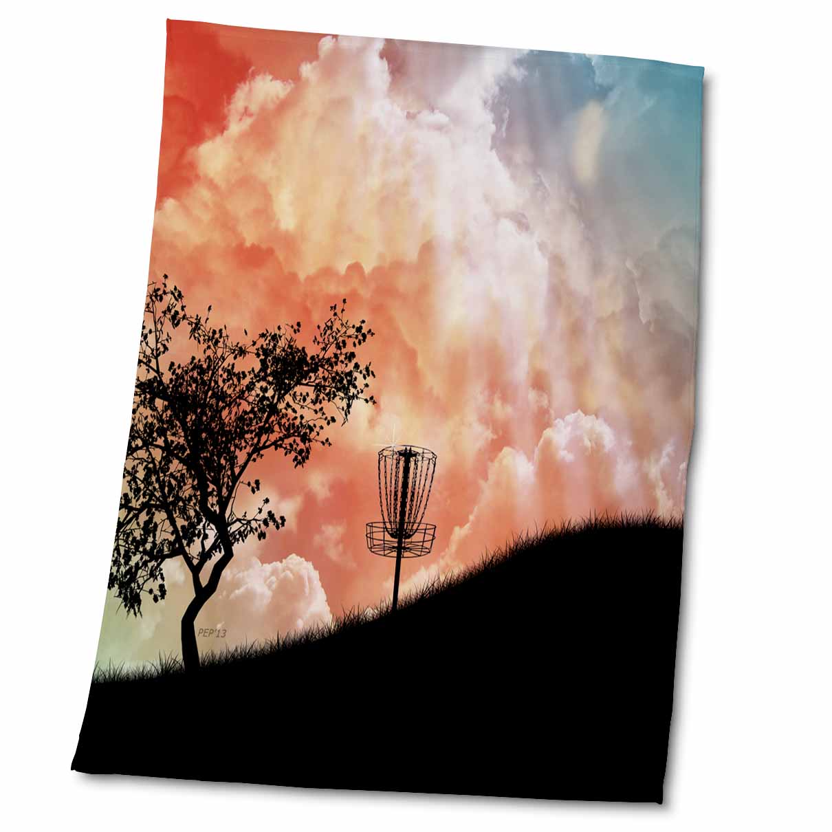 3dRose Basket On A Hill - silhouette of a frisbee disc golf basket with chains - Towels (twl-173454)