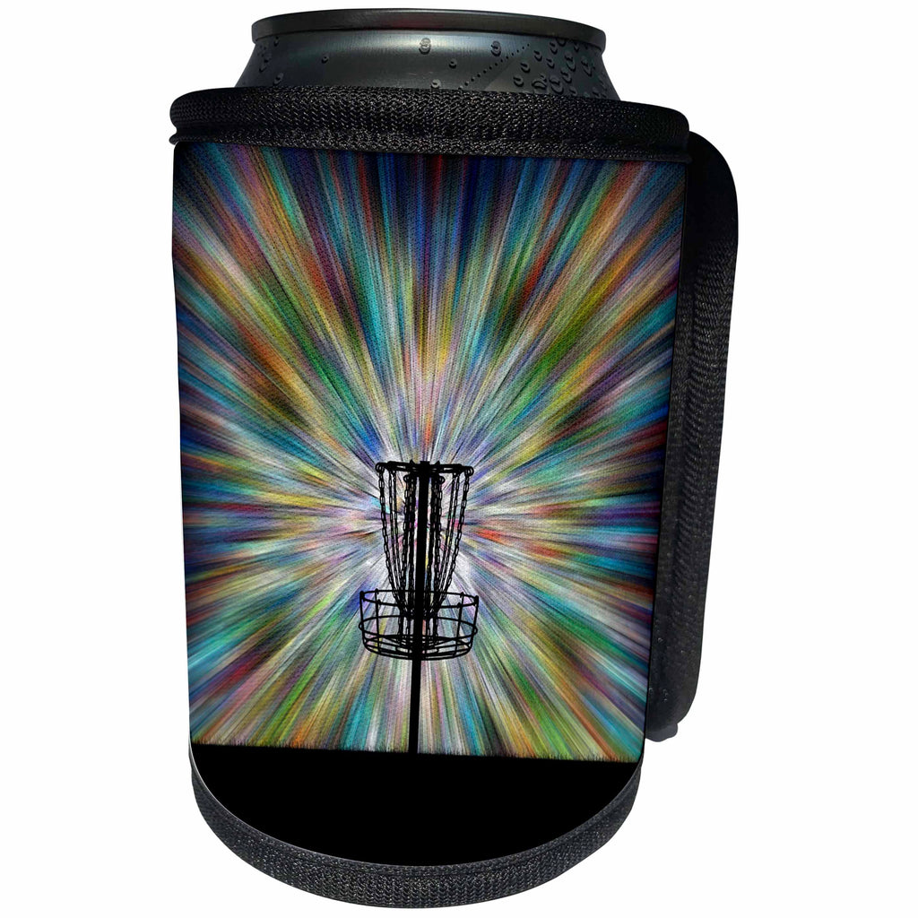 3dRose Phil Perkins - Disc Golf - Disc Golf Basket Silhouette - starburst tie dye disc golf basket design - Can Cooler Bottle Wrap (cc_243441)