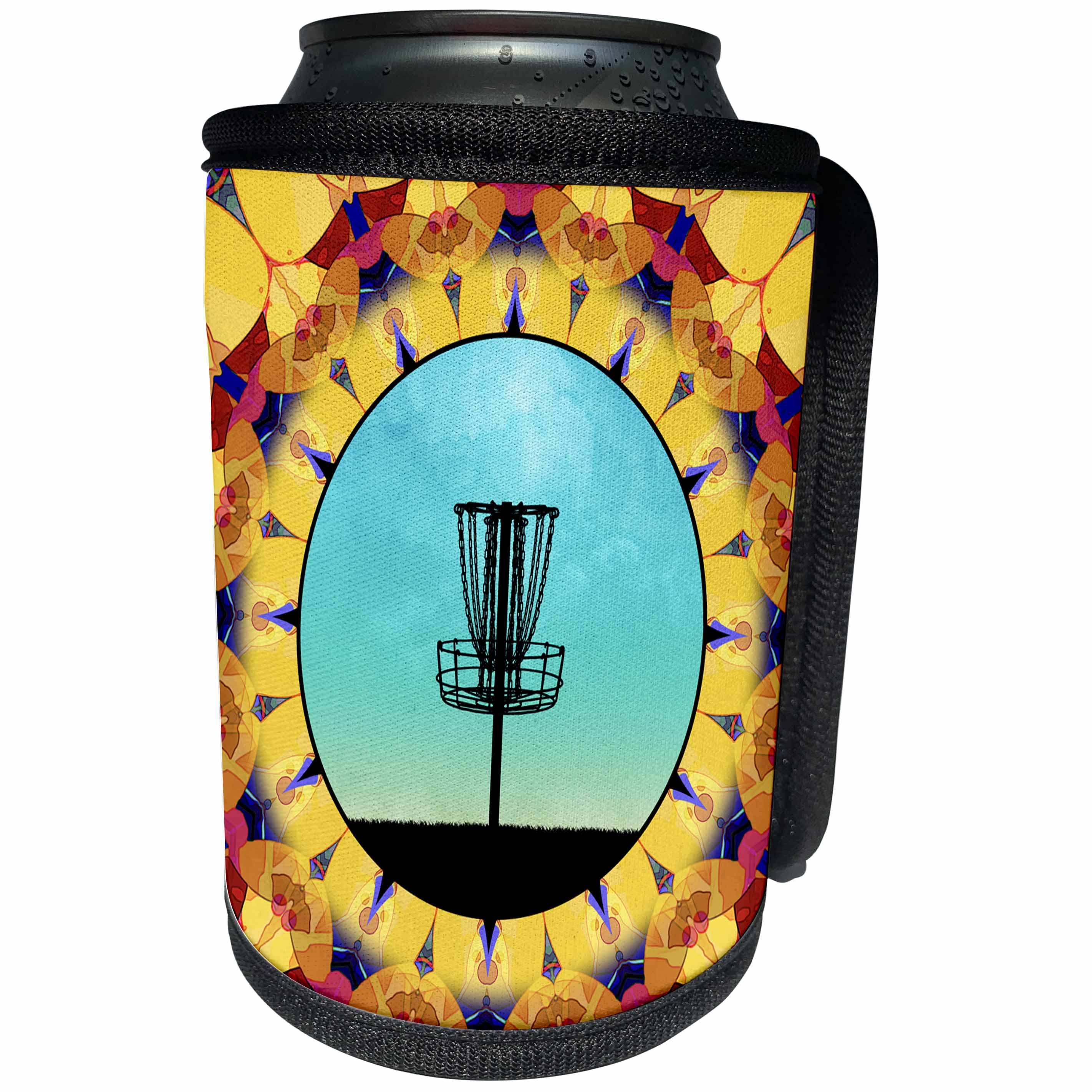 3dRose Phil Perkins - Disc Golf - Disc Golf Abstract Basket - colorful mandala frisbee disc golf design - Can Cooler Bottle Wrap (cc_243469)