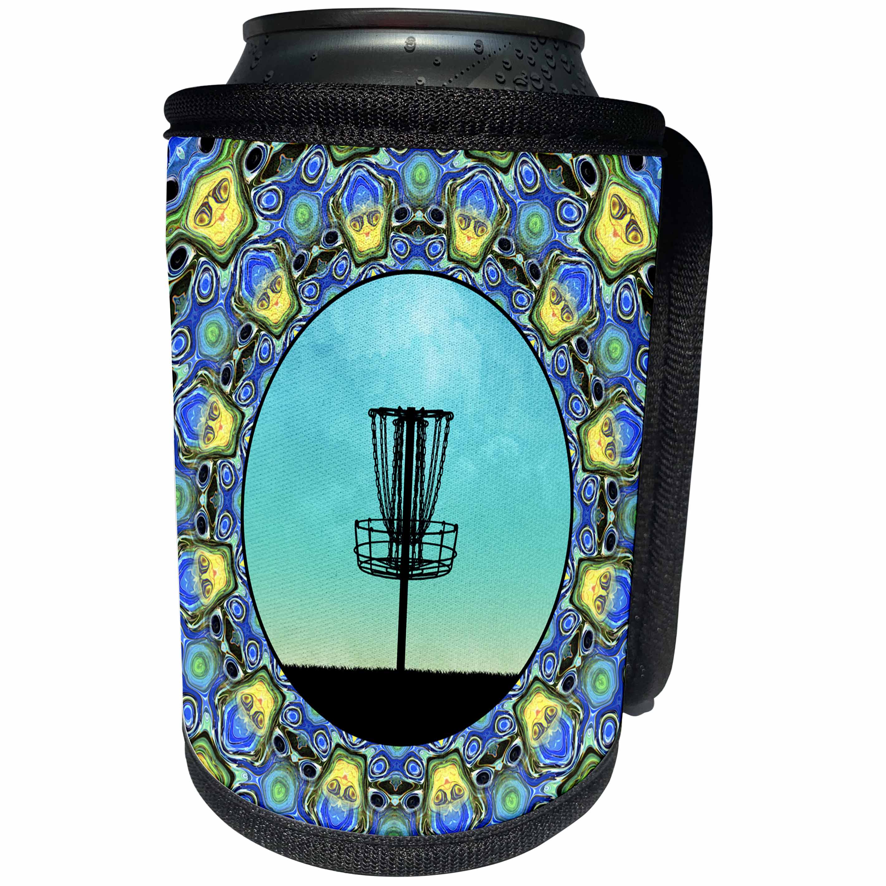3dRose Phil Perkins - Disc Golf - Disc Golf Abstract Basket - blue and green disc golf graphic design - Can Cooler Bottle Wrap (cc_243471)