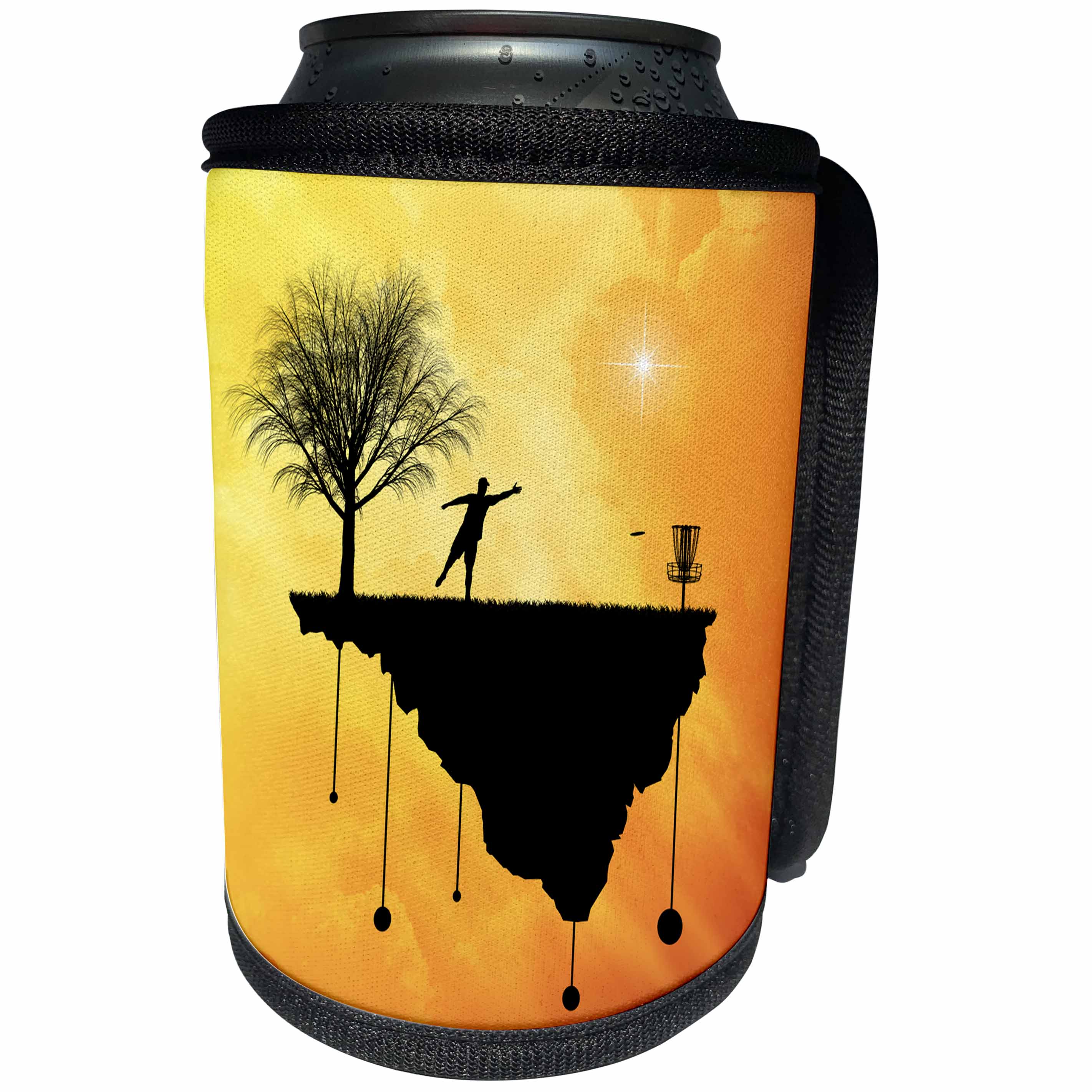 3dRose Phil Perkins - Disc Golf - Putt Plastic In Its Place - silhouette of a disc golf basket and putter - Can Cooler Bottle Wrap (cc_243473)