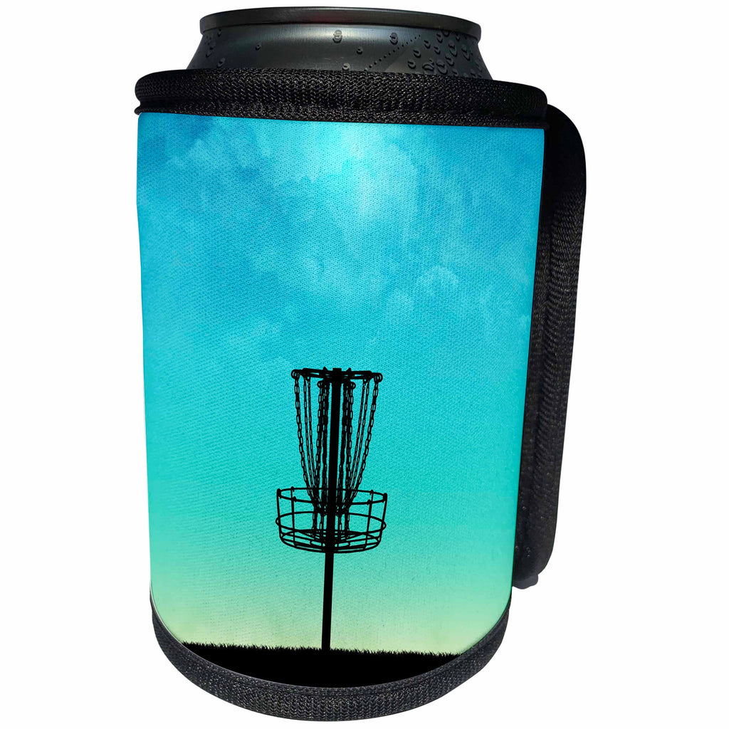 3dRose Phil Perkins - Disc Golf - Disc Golf Basket Silhouette - silhouette basket on grass with blue sky - Can Cooler Bottle Wrap (cc_243474)