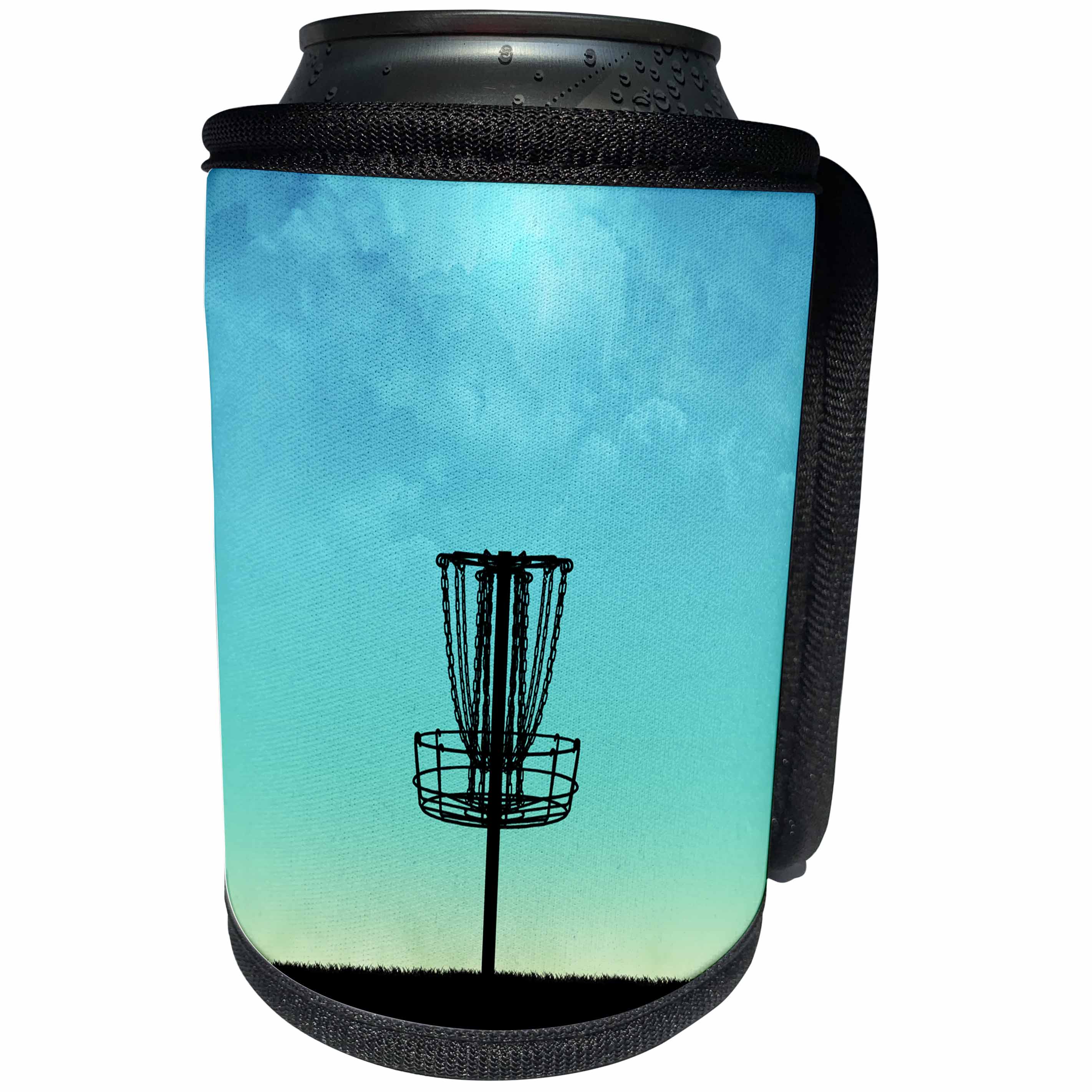 3dRose Phil Perkins - Disc Golf - Disc Golf Basket Silhouette - silhouette basket on grass with blue sky - Can Cooler Bottle Wrap (cc_243474)