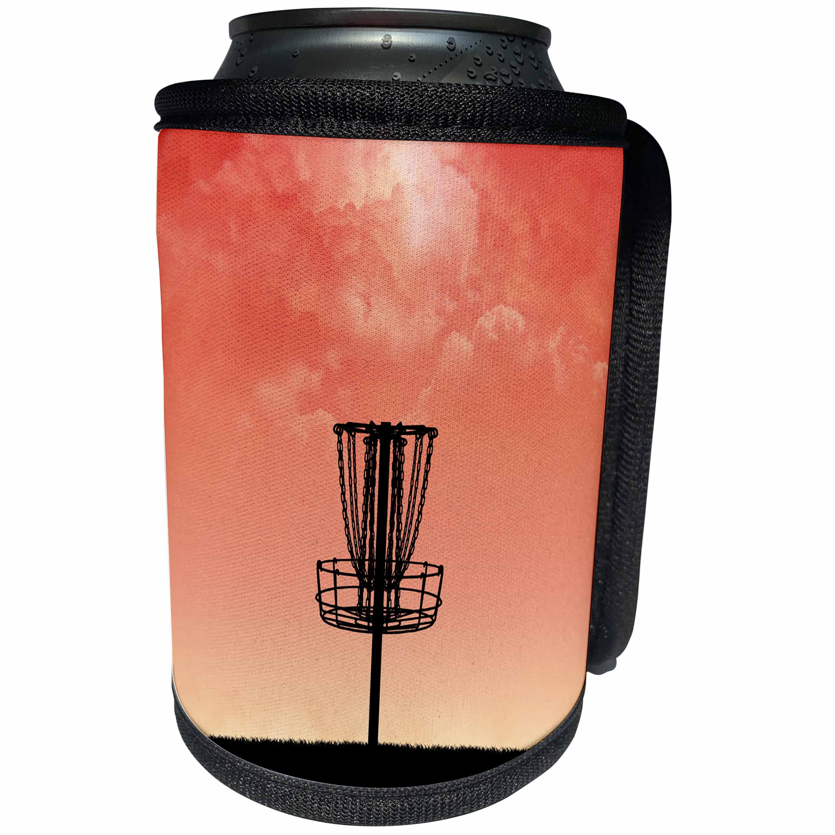 3dRose Perkins Designs - Disc Golf - silhouette of frisbee disc golf basket with orange colored sky and clouds - Can Cooler Bottle Wrap (cc_292653)