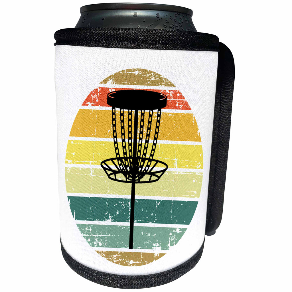 3dRose Black disc golf basket over retro striped circle on... - Can Cooler Bottle Wrap (cc-382281)