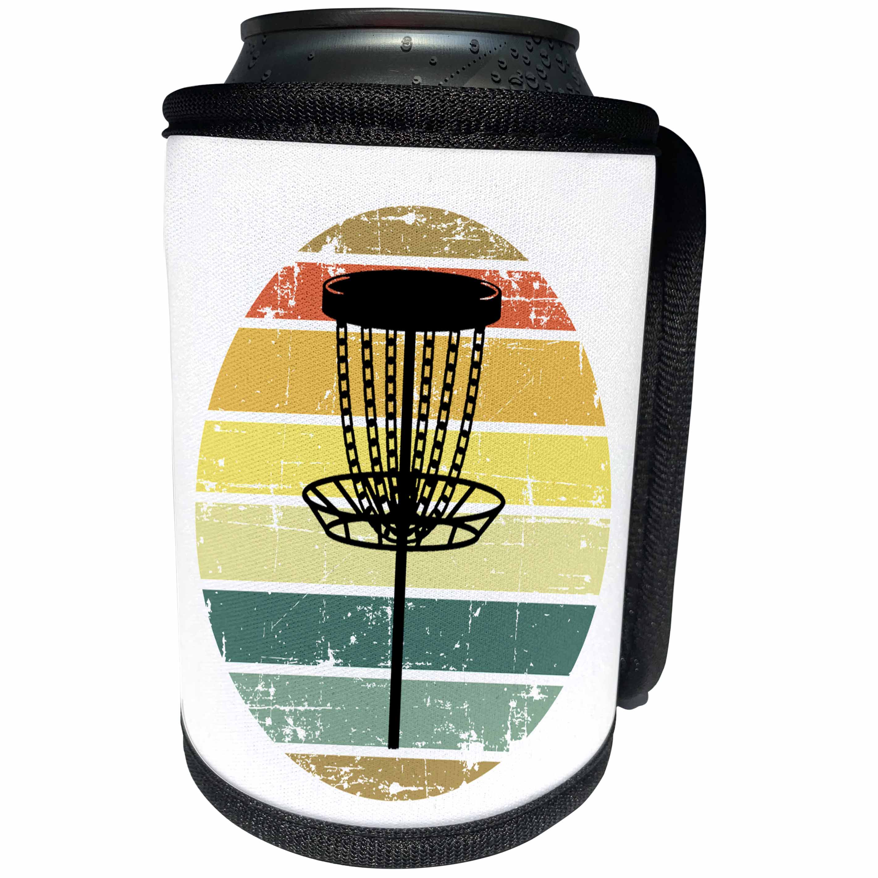 3dRose Black disc golf basket over retro striped circle on... - Can Cooler Bottle Wrap (cc-382281)