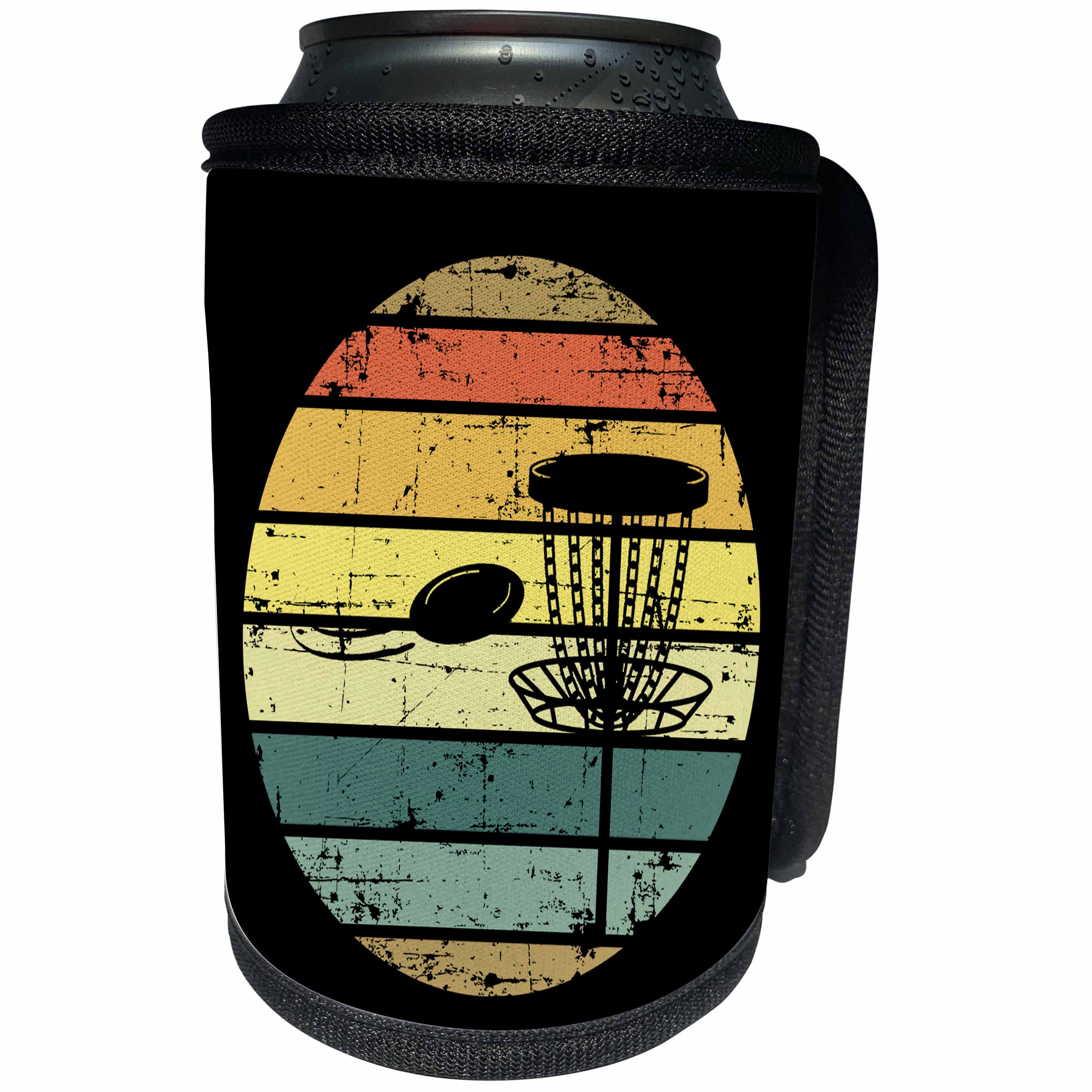 3dRose Black disc golf basket with disc over retro striped... - Can Cooler Bottle Wrap (cc-382285)
