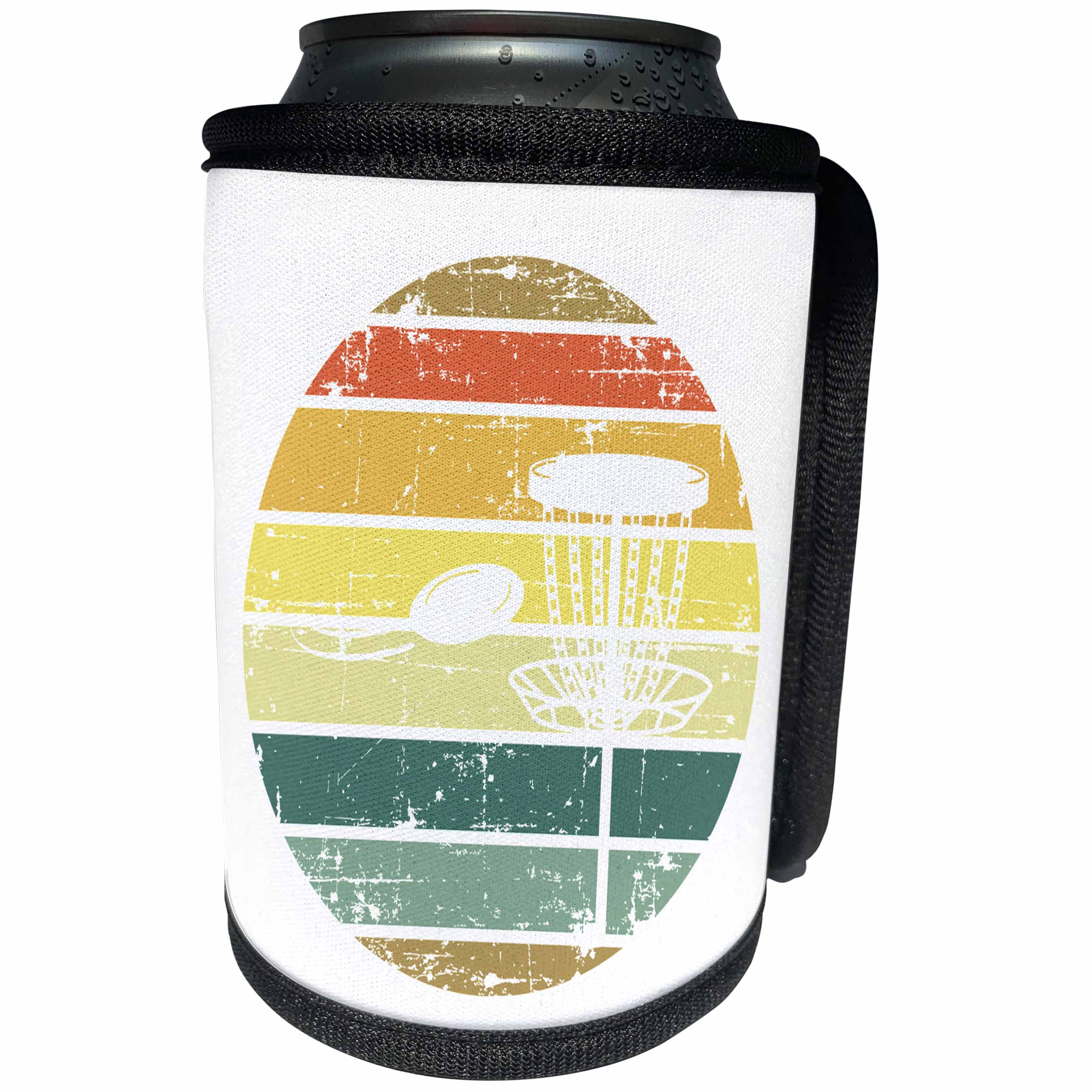 3dRose White disc golf basket with disc over striped circle on... - Can Cooler Bottle Wrap (cc-382288)