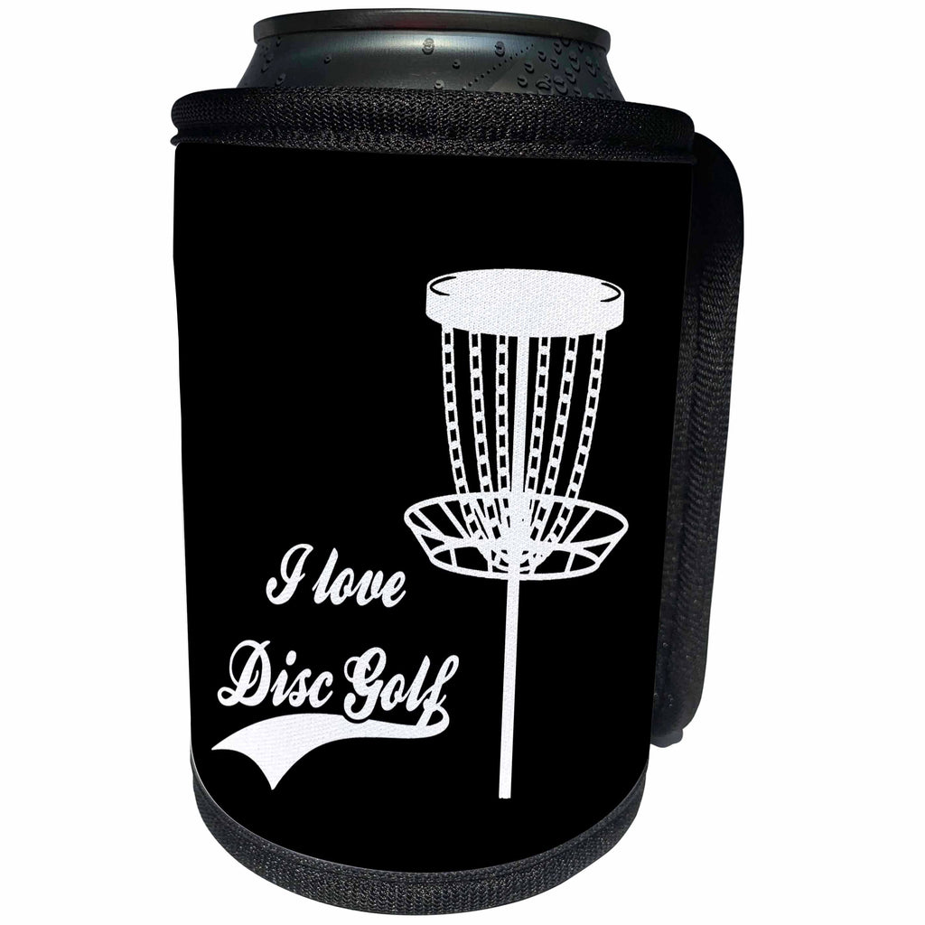 3dRose I love Disc Golf with disc golf basket. White on black... - Can Cooler Bottle Wrap (cc-382305)