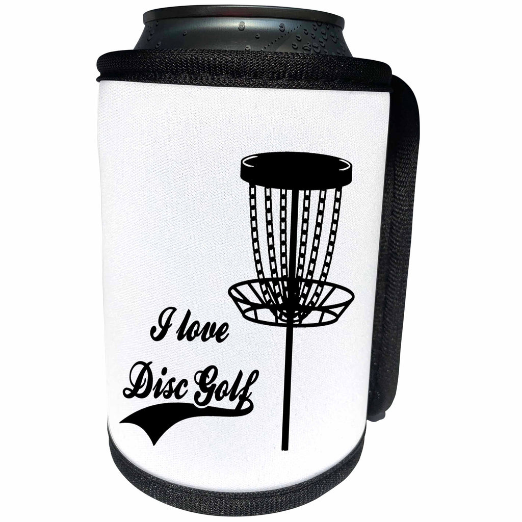 3dRose I love Disc Golf with disc golf basket. Black on white... - Can Cooler Bottle Wrap (cc-382306)