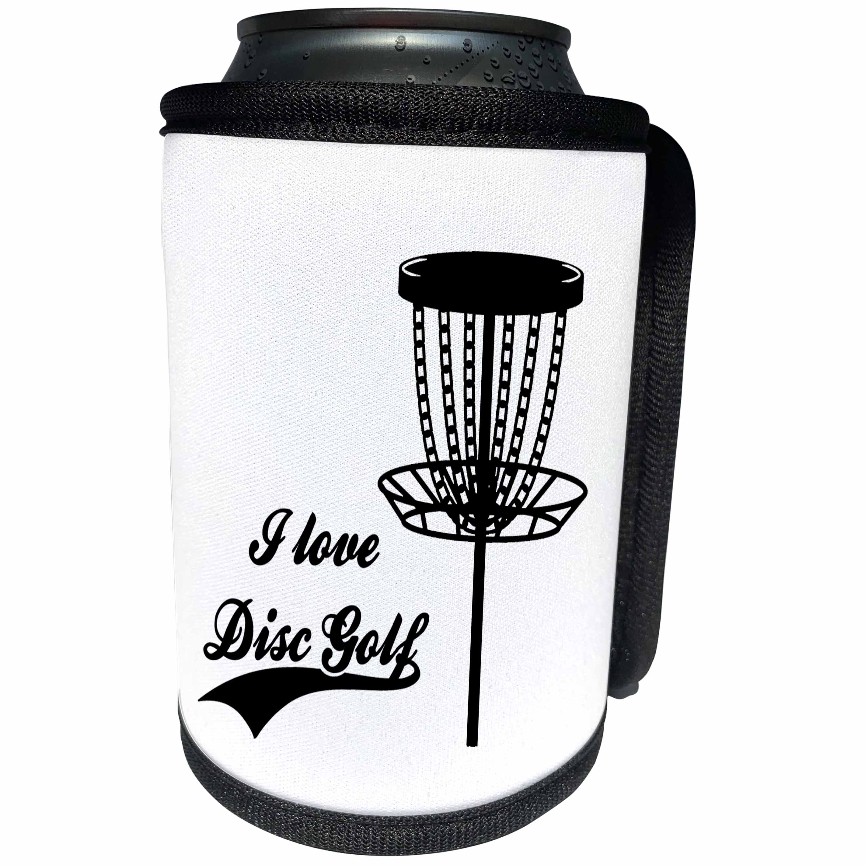 3dRose I love Disc Golf with disc golf basket. Black on white... - Can Cooler Bottle Wrap (cc-382306)