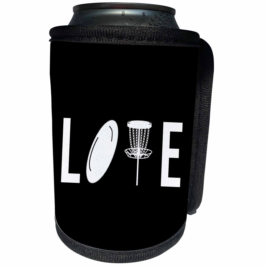 3dRose LOVE spelled with disc golf clipart. White on black... - Can Cooler Bottle Wrap (cc-382309)