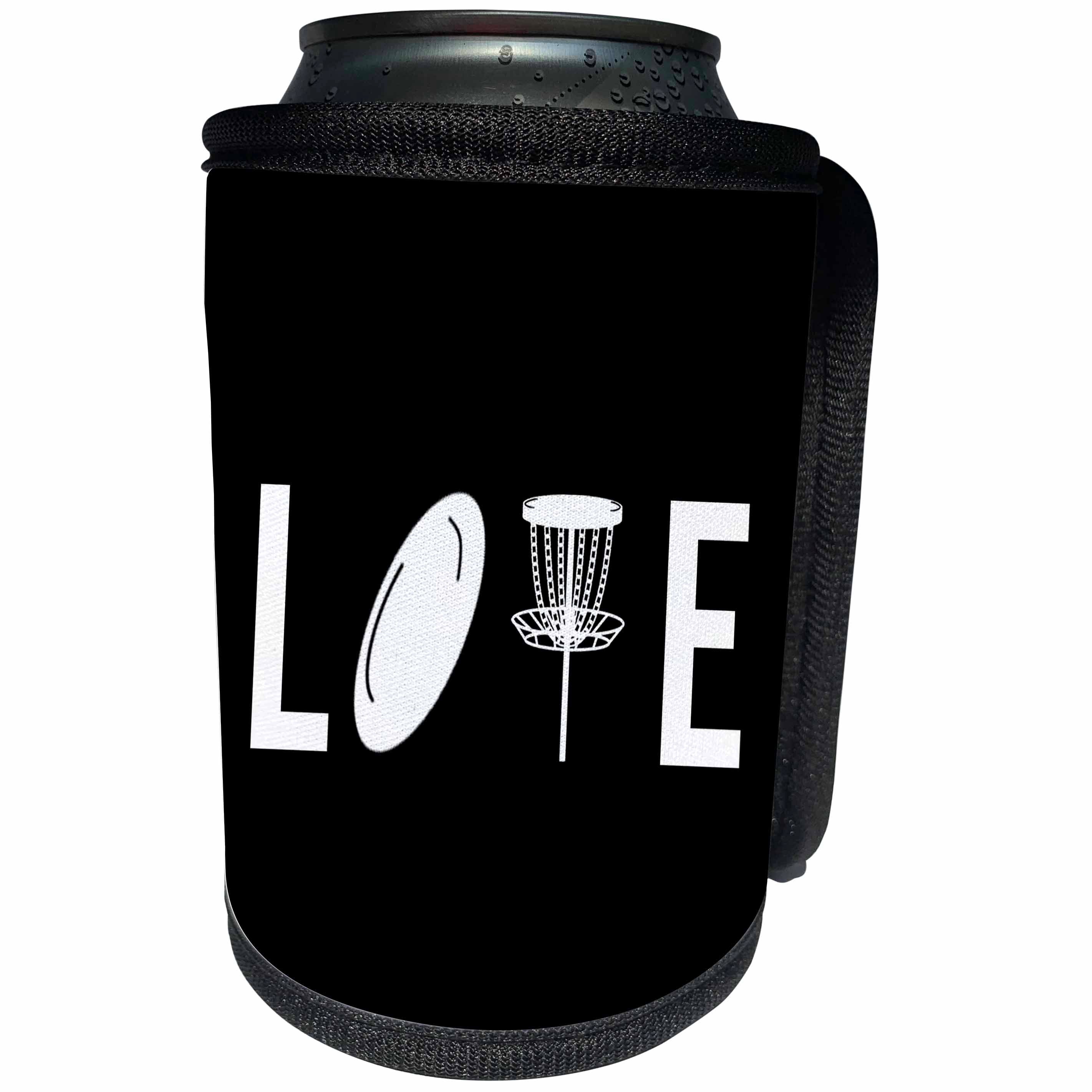3dRose LOVE spelled with disc golf clipart. White on black... - Can Cooler Bottle Wrap (cc-382309)