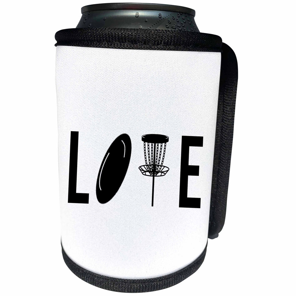 3dRose LOVE spelled with disc golf clipart. Black on white... - Can Cooler Bottle Wrap (cc-382310)