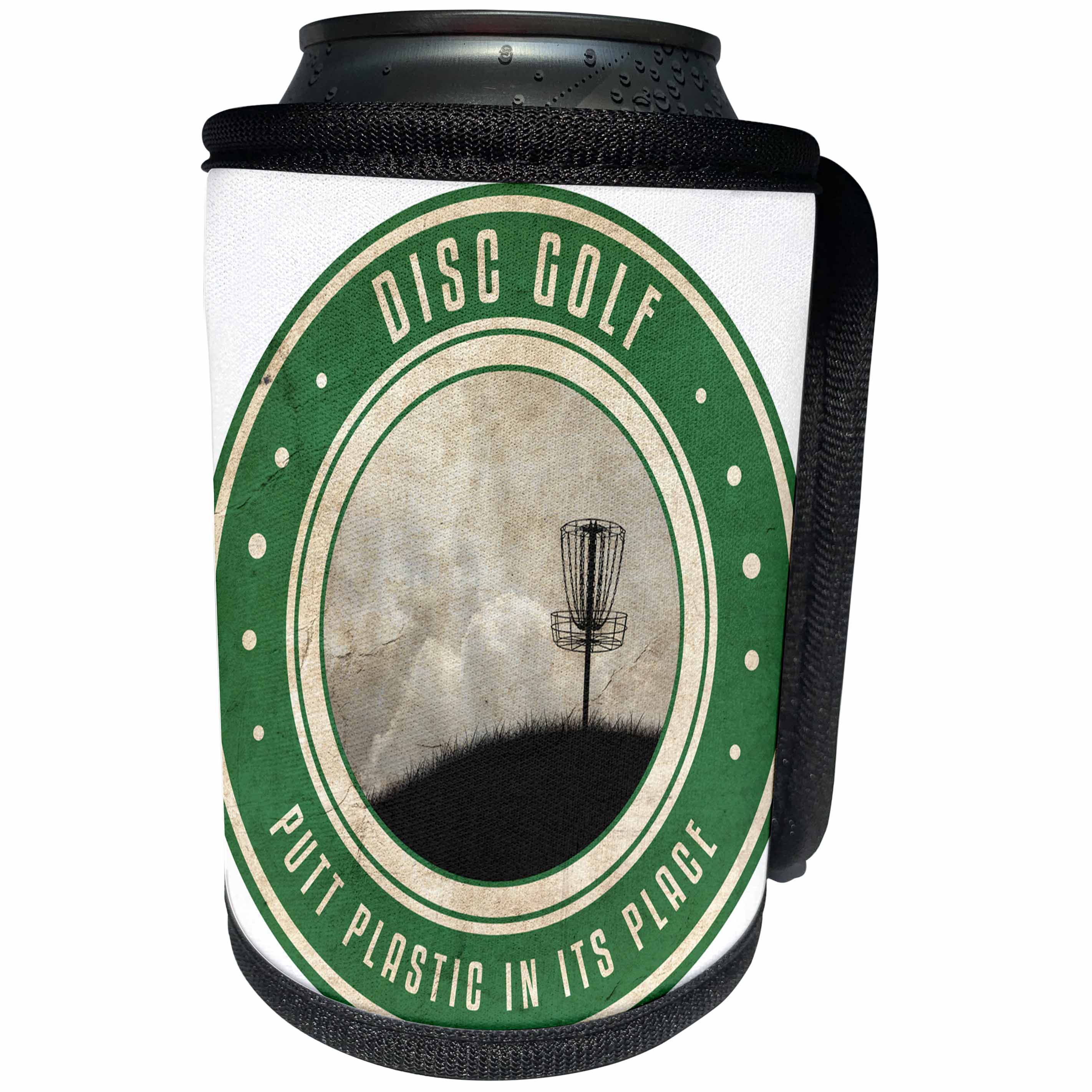 3dRose Perkins Designs Disc Golf - Putt Plastic In Its Place #12 - silhouette of frisbee disc golf basket on a hillside - Can Cooler Bottle Wrap (cc_39409)