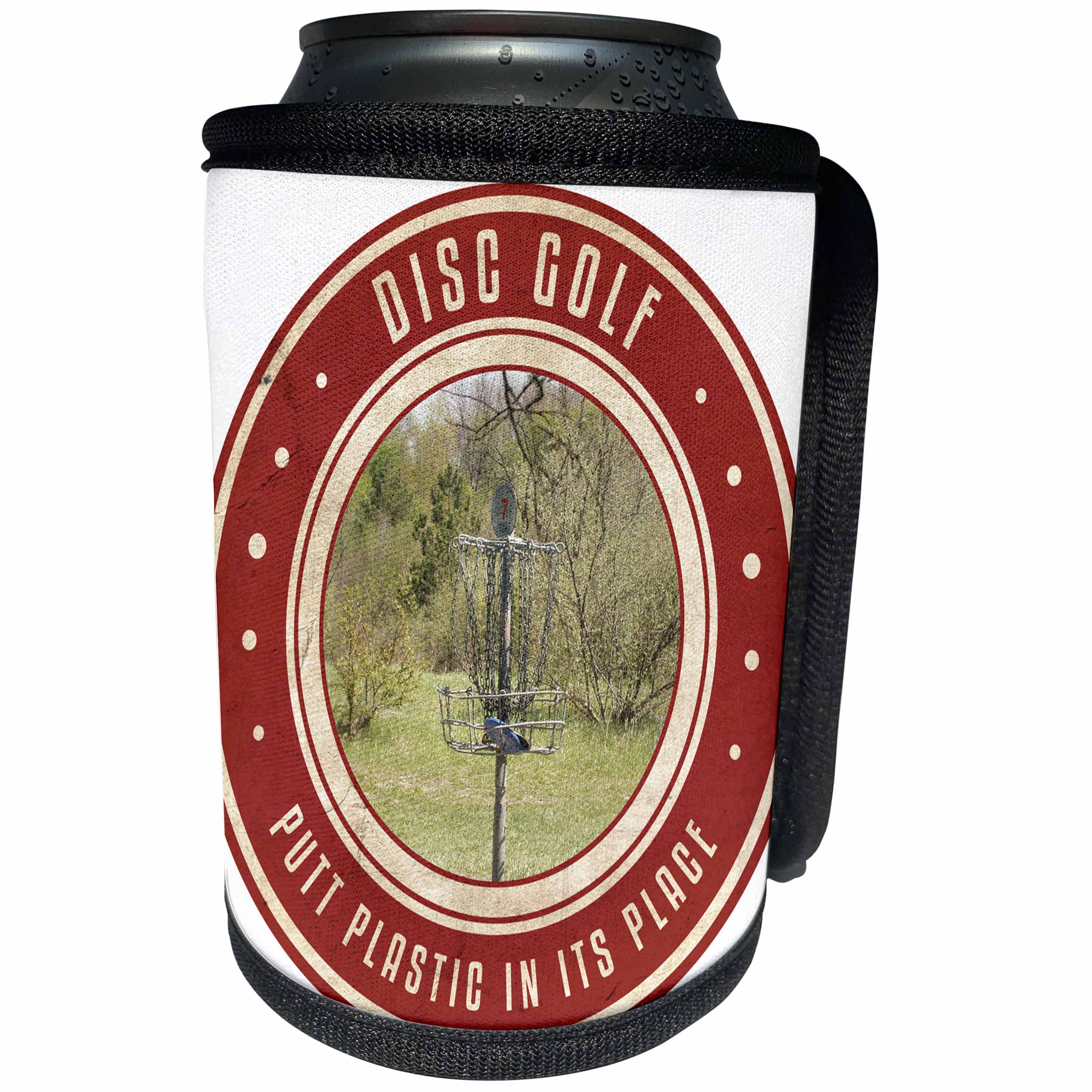 3dRose Perkins Designs Disc Golf - Putt Plastic In Its Place #13 - photography of a frisbee disc golf basket at a local park - Can Cooler Bottle Wrap (cc_39410)