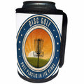 3dRose Perkins Designs Disc Golf - Putt Plastic In Its Place #11 - silhouette of frisbee disc golf basket as the sun rises - Can Cooler Bottle Wrap (cc_39411)