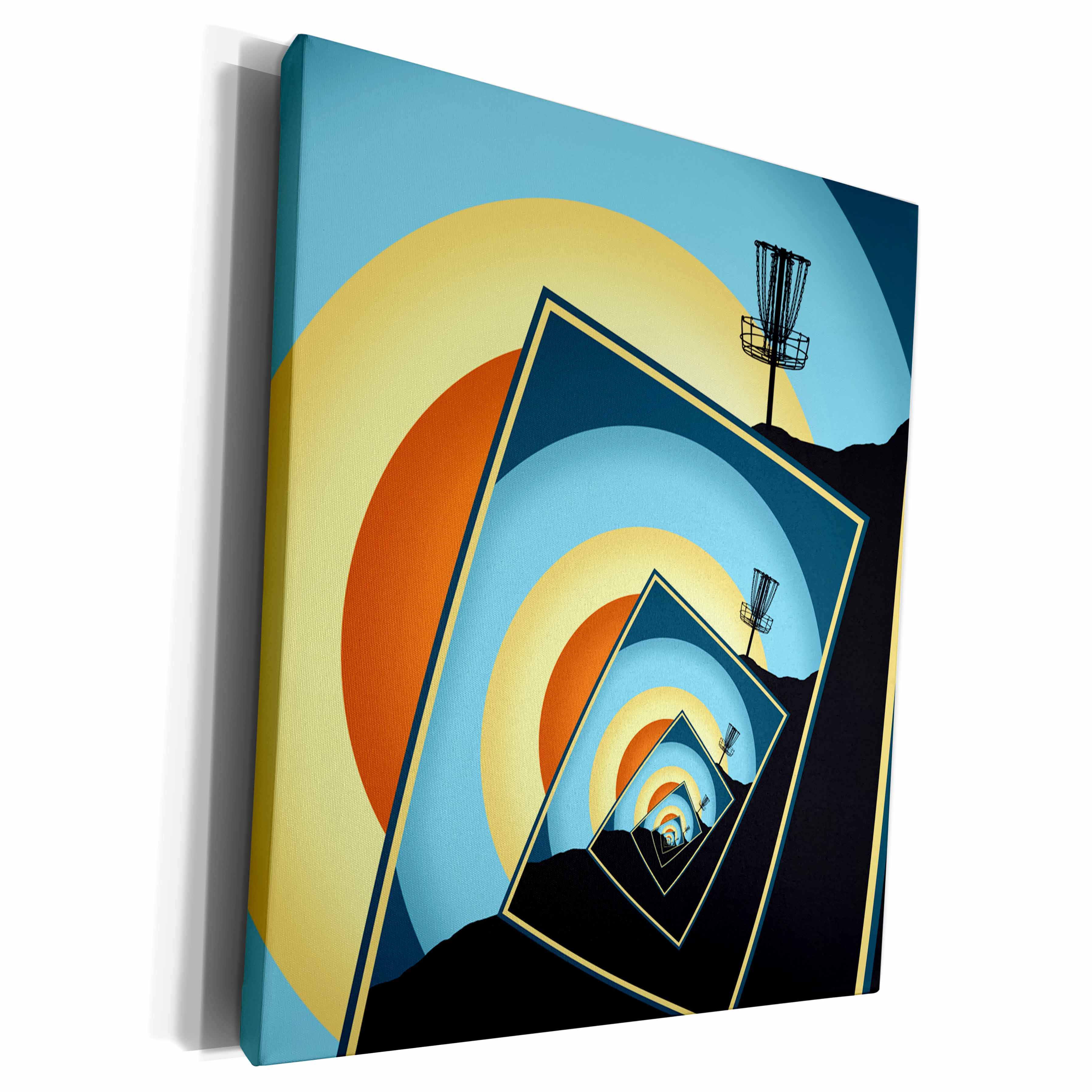 3dRose Phil Perkins - Disc Golf - Spinning Disc Golf Baskets - colorful hillside frisbee disc golf design - Museum Grade Canvas Wrap (cw_243440)