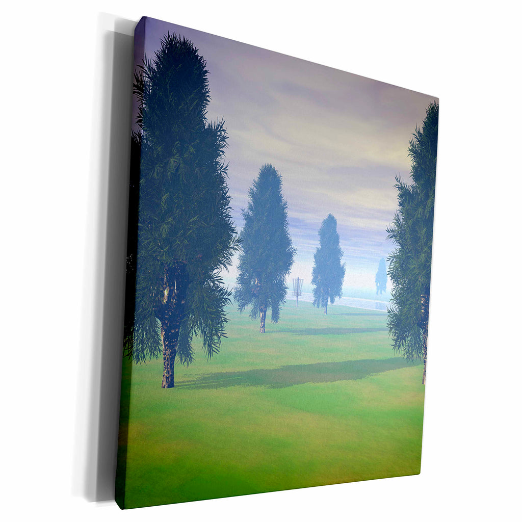 3dRose Phil Perkins - Disc Golf - Fairway To Seven - distant disc golf basket in trees on seventh fairway - Museum Grade Canvas Wrap (cw_243468)