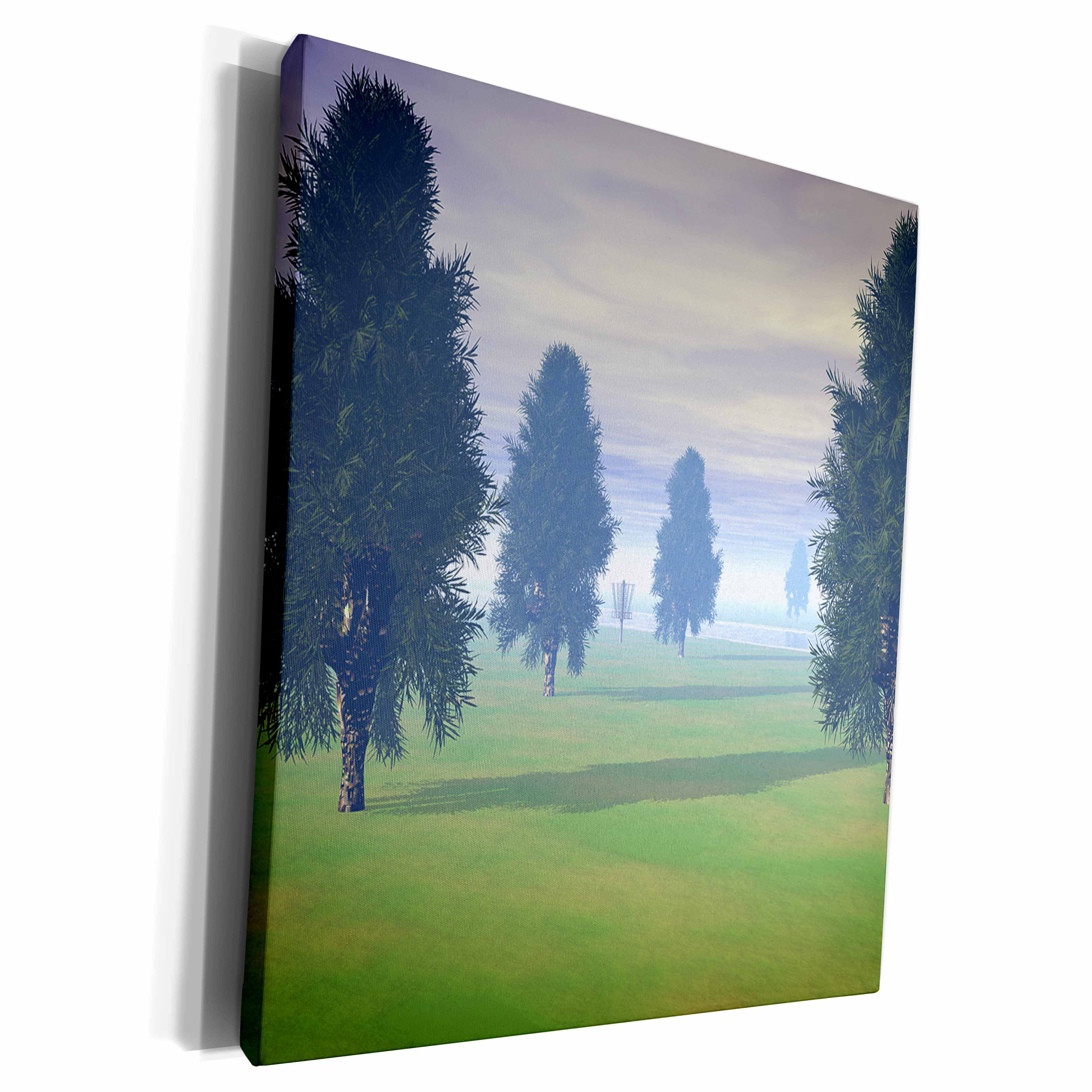 3dRose Phil Perkins - Disc Golf - Fairway To Seven - distant disc golf basket in trees on seventh fairway - Museum Grade Canvas Wrap (cw_243468)