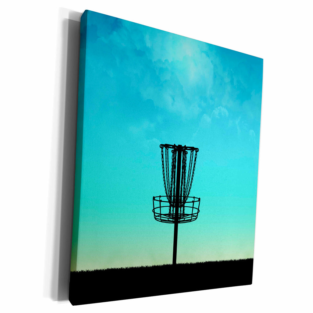 3dRose Phil Perkins - Disc Golf - Disc Golf Basket Silhouette - silhouette basket on grass with blue sky - Museum Grade Canvas Wrap (cw_243474)