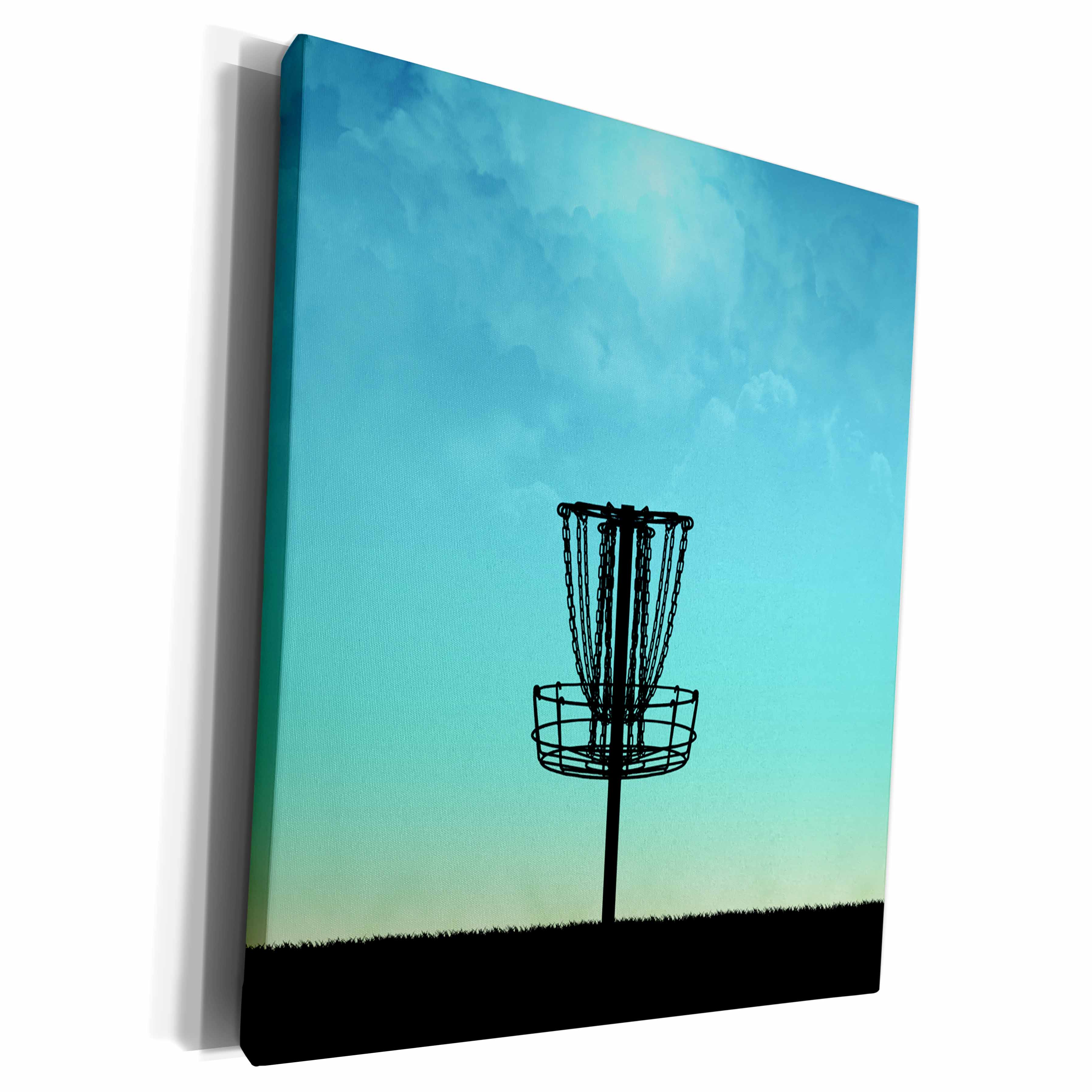 3dRose Phil Perkins - Disc Golf - Disc Golf Basket Silhouette - silhouette basket on grass with blue sky - Museum Grade Canvas Wrap (cw_243474)