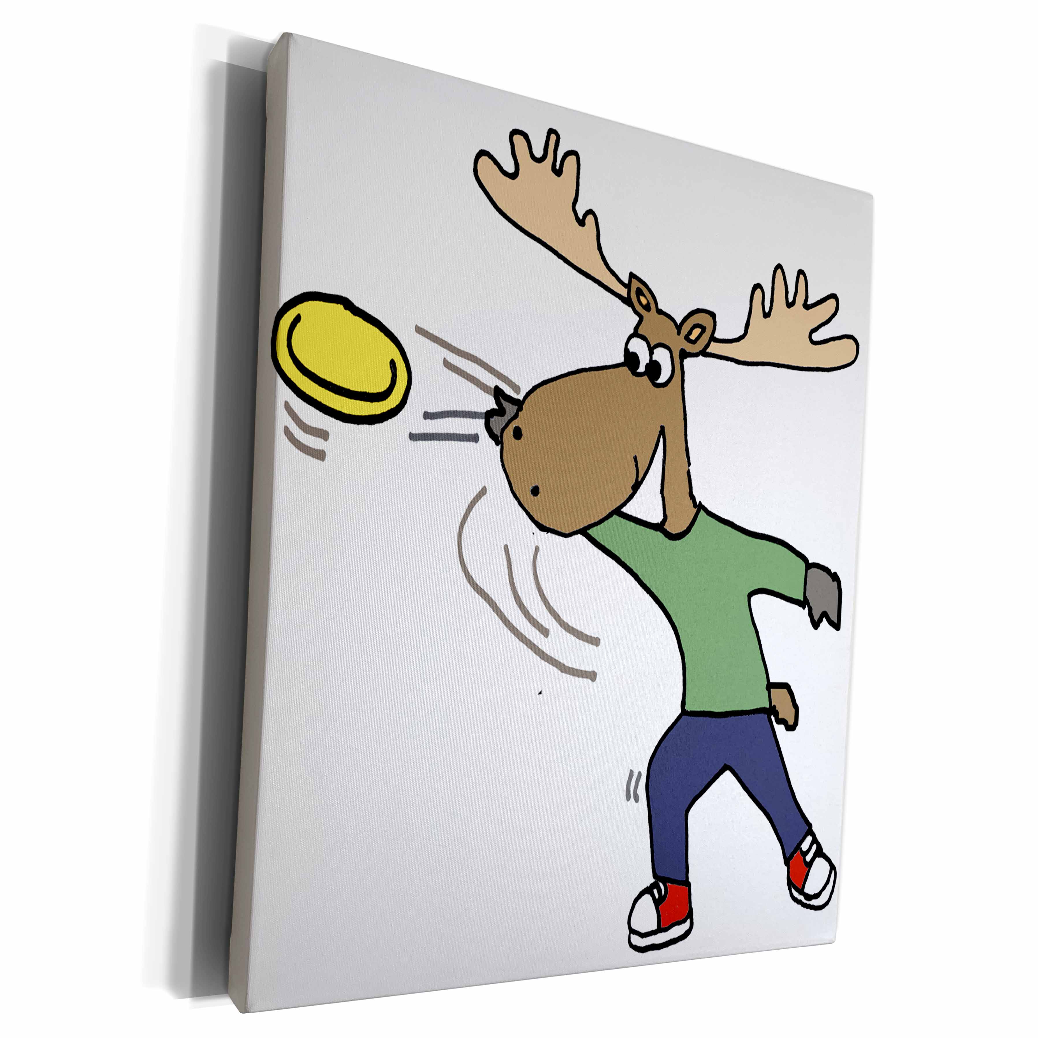 3dRose Funny Cool Moose Throwing Frisbee Cartoon - Museum Grade Canvas Wrap (cw_281366)