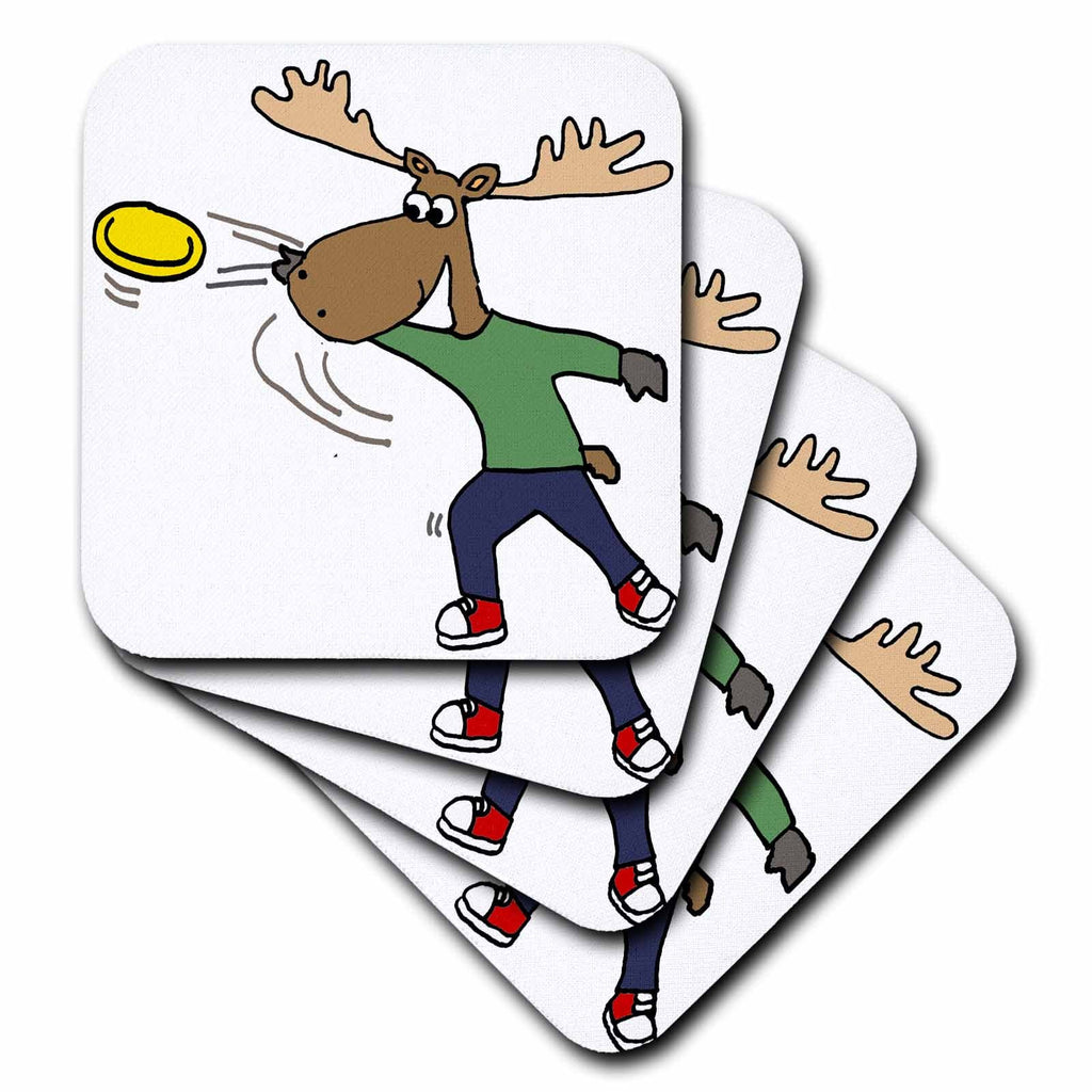 3dRose All Smiles Art Sports and Hobbies - Funny Cool Moose Throwing Frisbee Cartoon - Coasters
