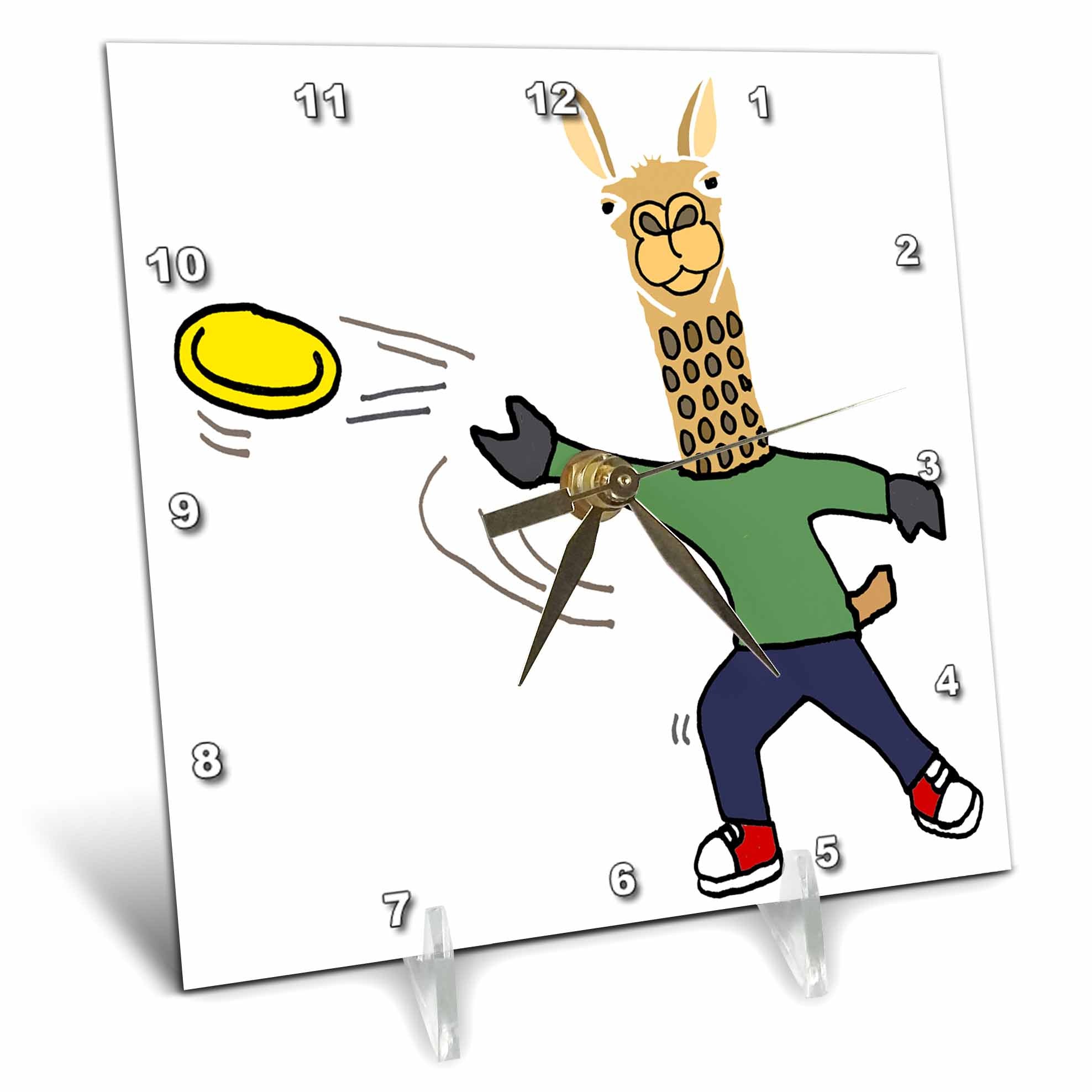 3dRose All Smiles Art Animals - Funny Cute Llama Throwing Frisbee Cartoon - Desk Clocks