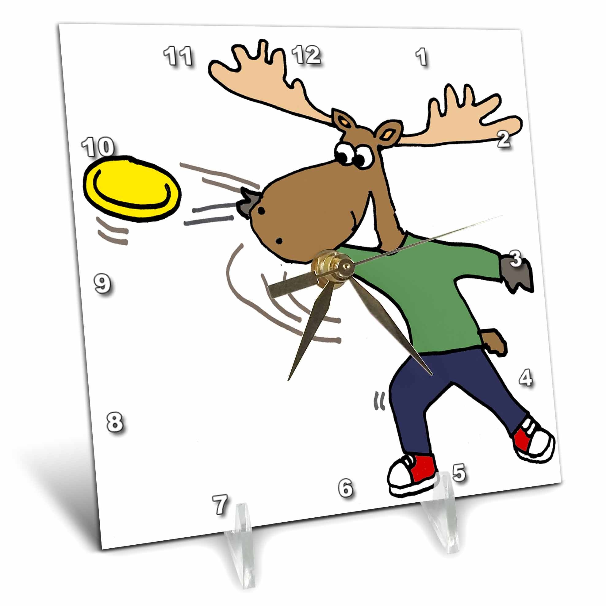 3dRose All Smiles Art Sports and Hobbies - Funny Cool Moose Throwing Frisbee Cartoon - Desk Clocks