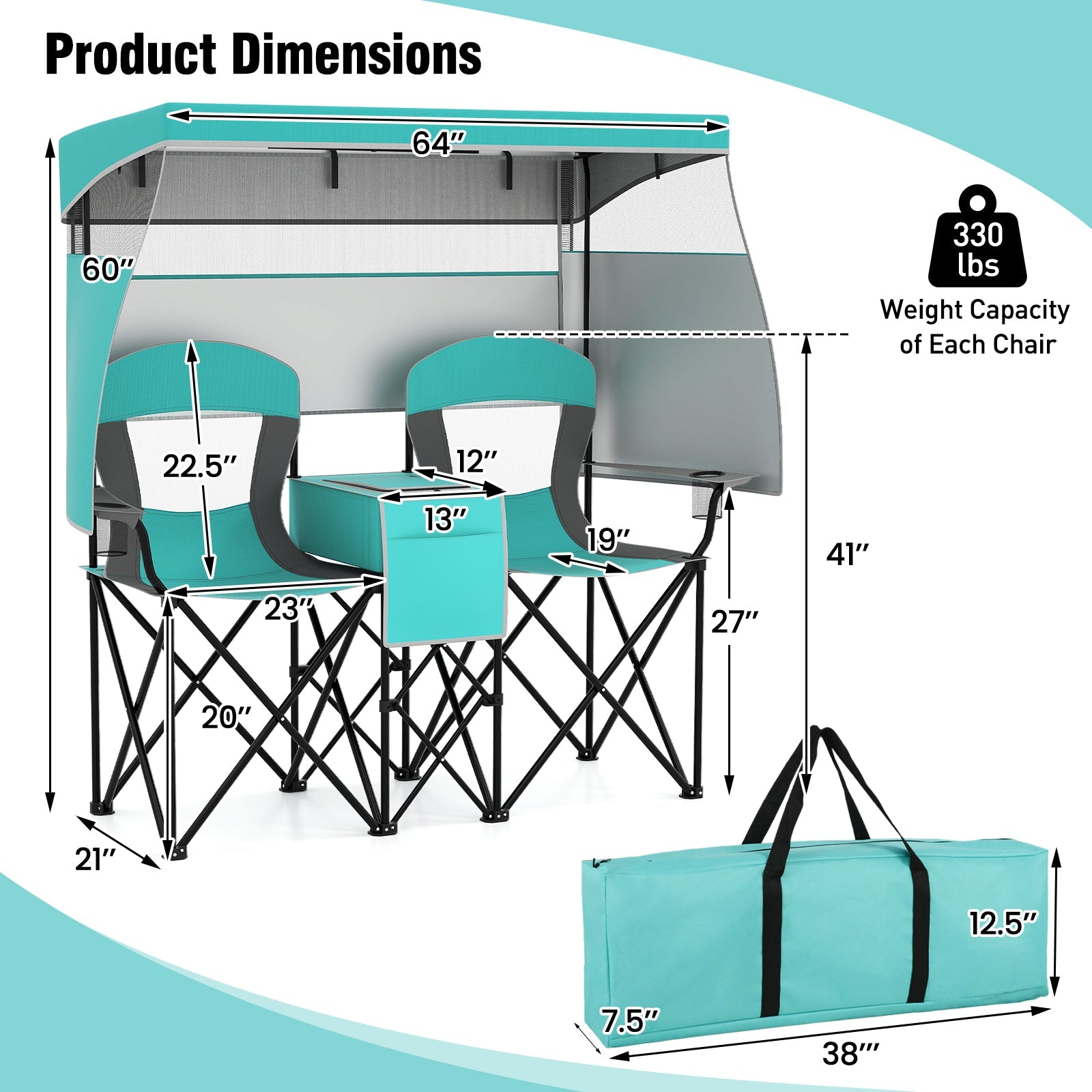 Double Beach Chair with Adjustable Canopy and 3 -Side Shading Curtains