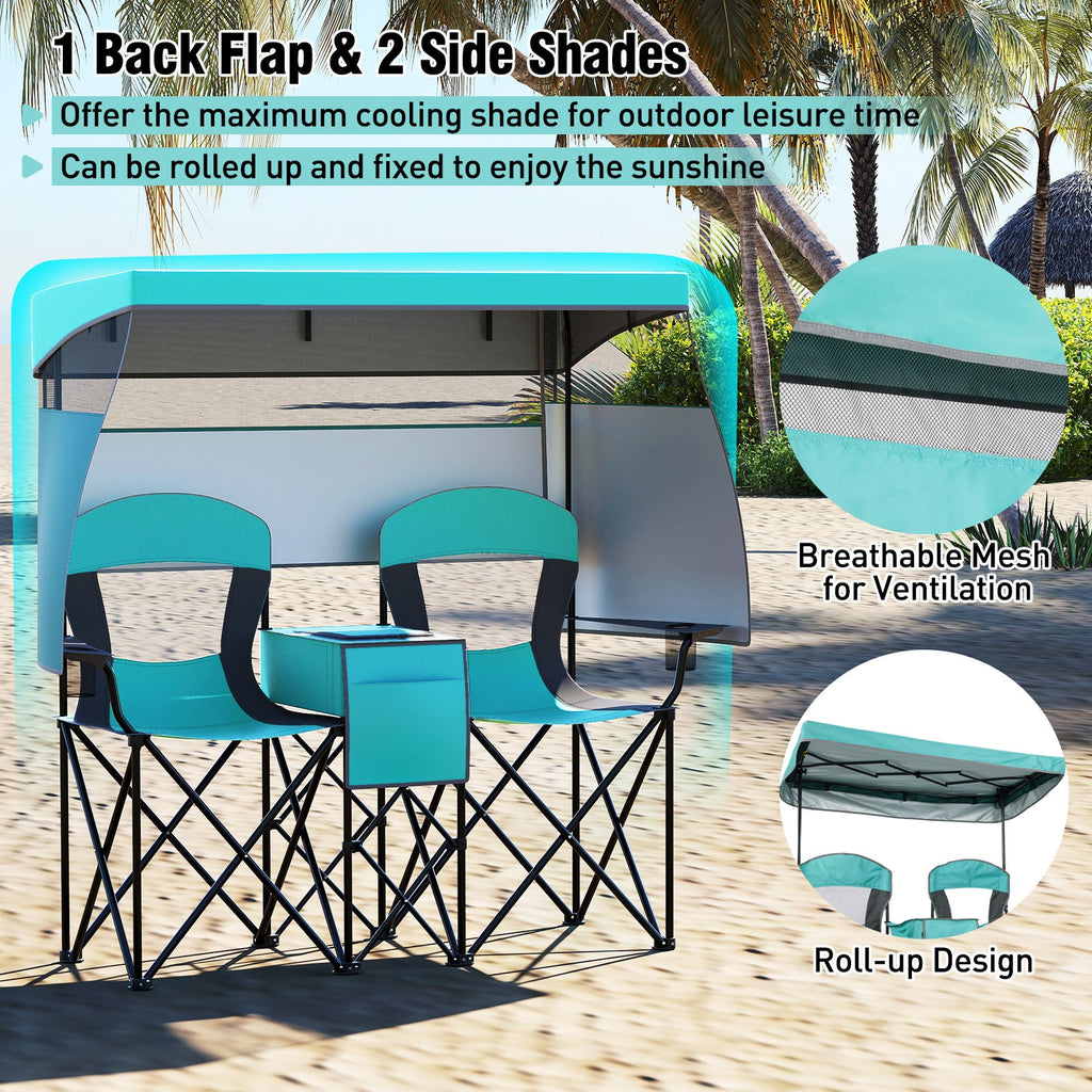 Double Beach Chair with Adjustable Canopy and 3 -Side Shading Curtains