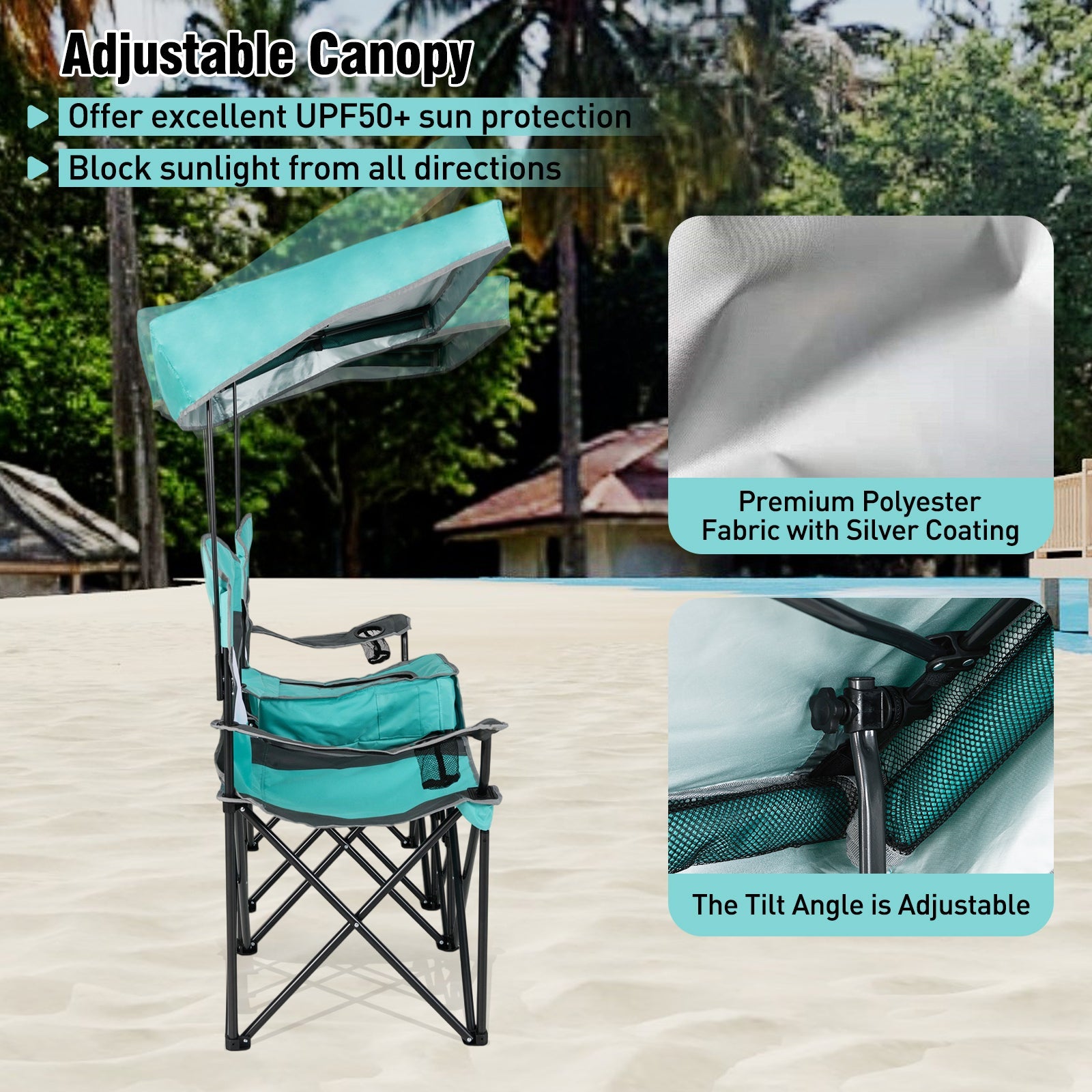 Double Beach Chair with Adjustable Canopy and 3 -Side Shading Curtains