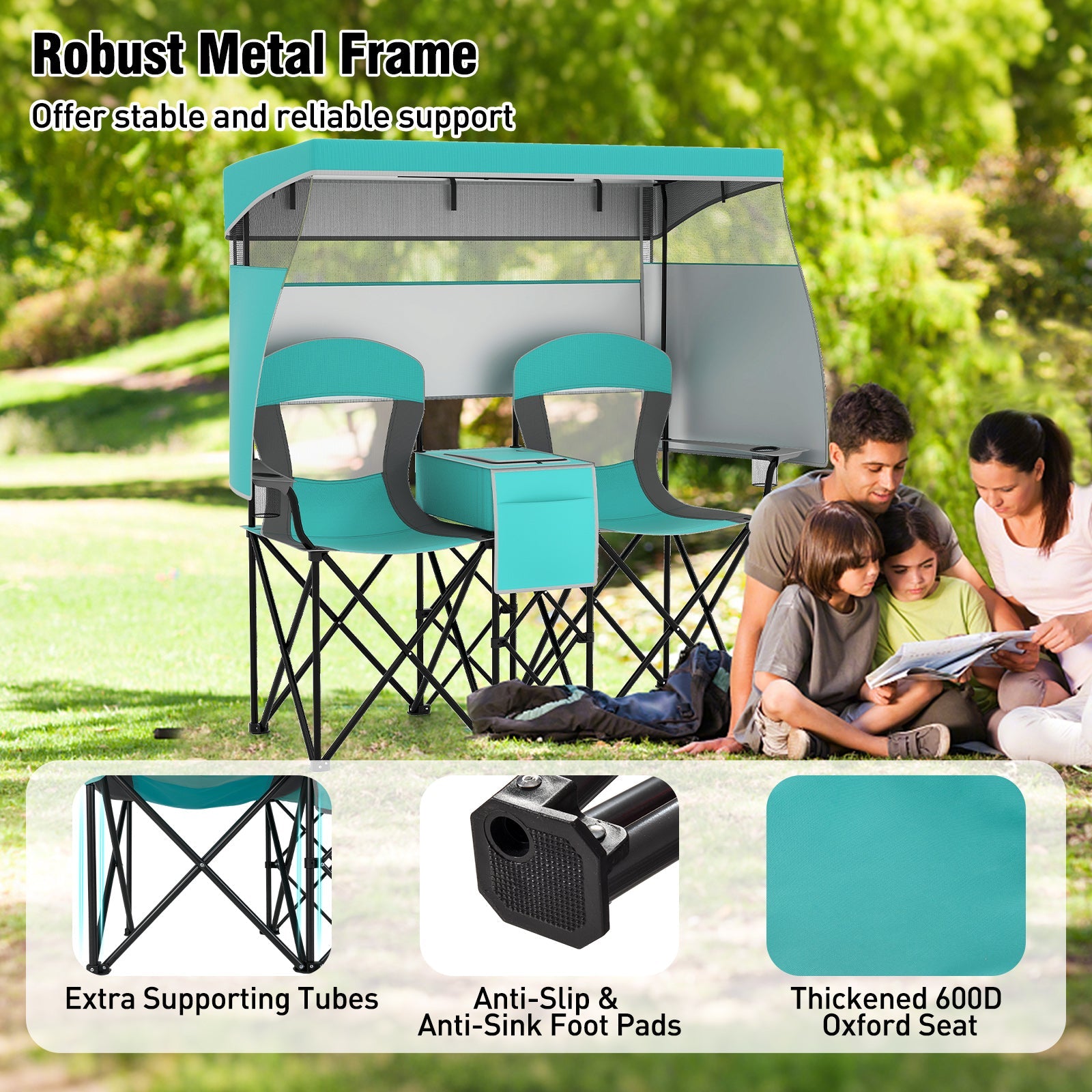 Double Beach Chair with Adjustable Canopy and 3 -Side Shading Curtains