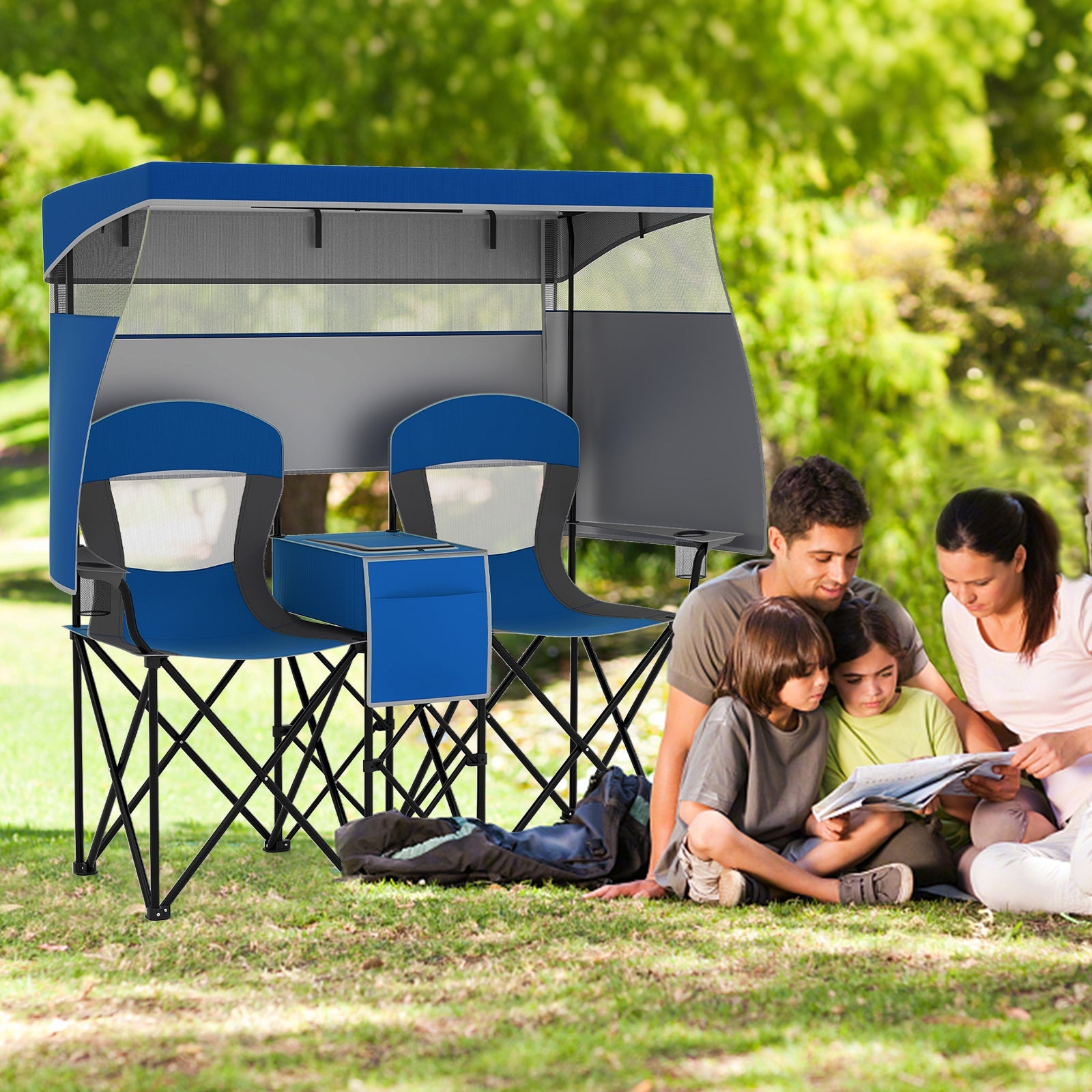 Double Beach Chair with Adjustable Canopy and 3 -Side Shading Curtains
